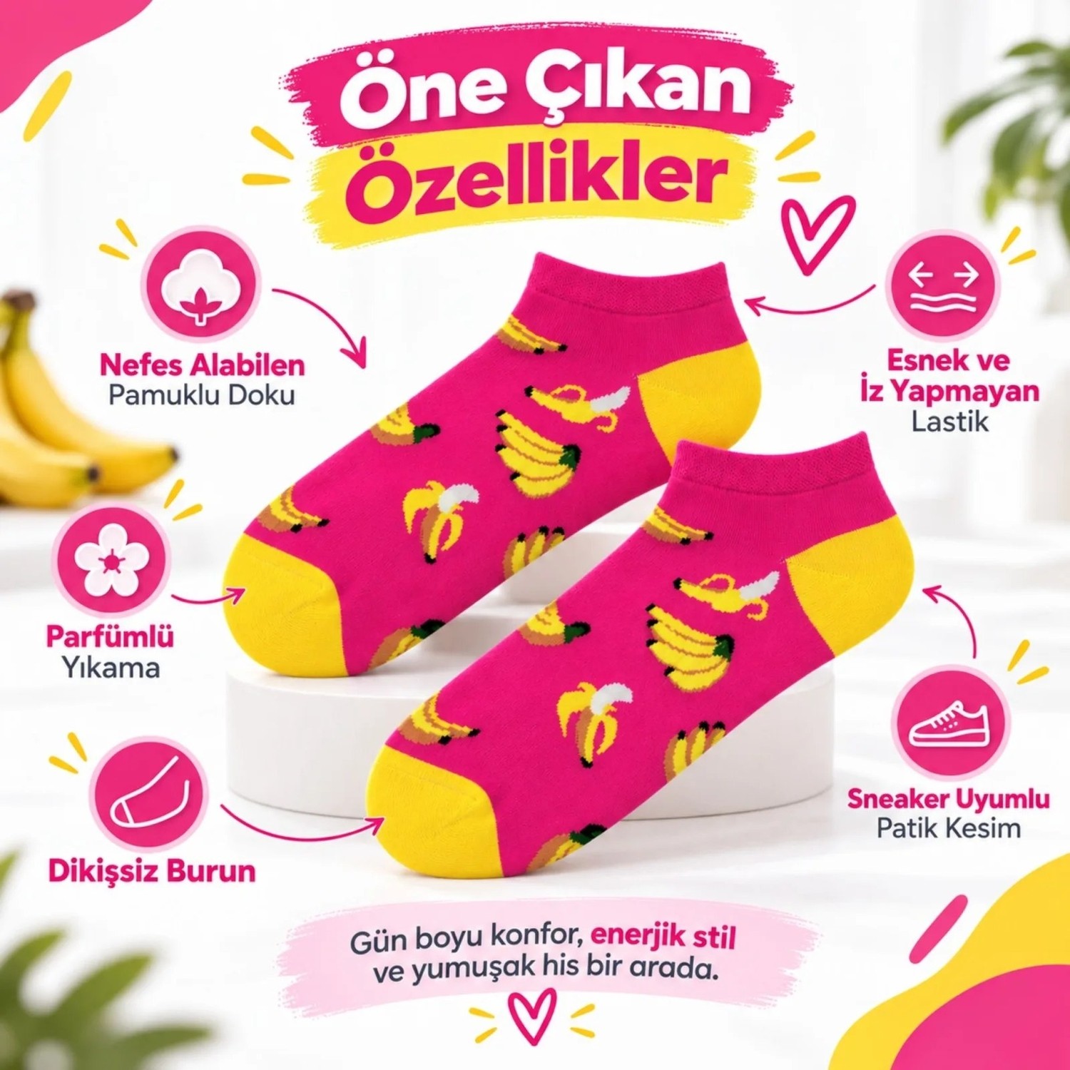 COjans Kadın Pembe Muz Desenli Patik Çorap 6'lı Paket | Renkli, Rahat ve Esnek Günlük Kısa Çorap Seti görsel 2