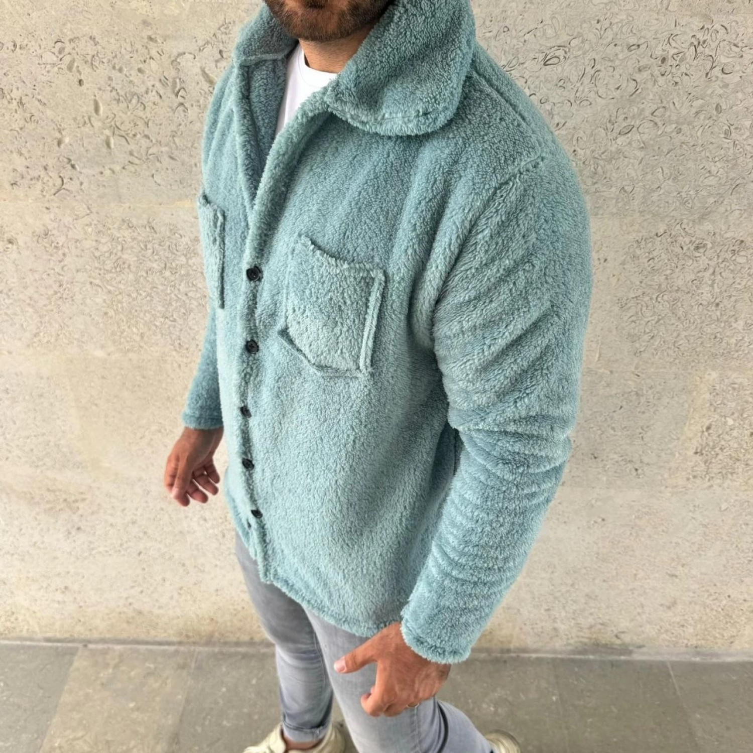 Pileli Store Pelüş Polar Hırka Gömlek, Yakalı, Ilik Düğmeli, Göğüs Cepli, Yumuşak Dokulu Kışlık Regular Fit Rahat Günlük Model - Bebe Mavisi - görsel 2