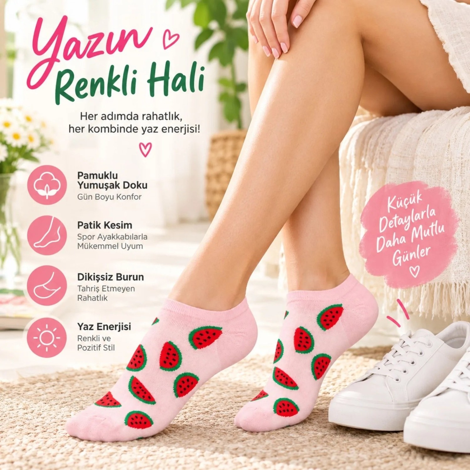 TeOra Store Kadın Karpuz 3'lü Desenli Patik Çorap Pamuklu Dikişsiz Sneaker Uyumlu Eğlenceli Yazlık Set görsel 2