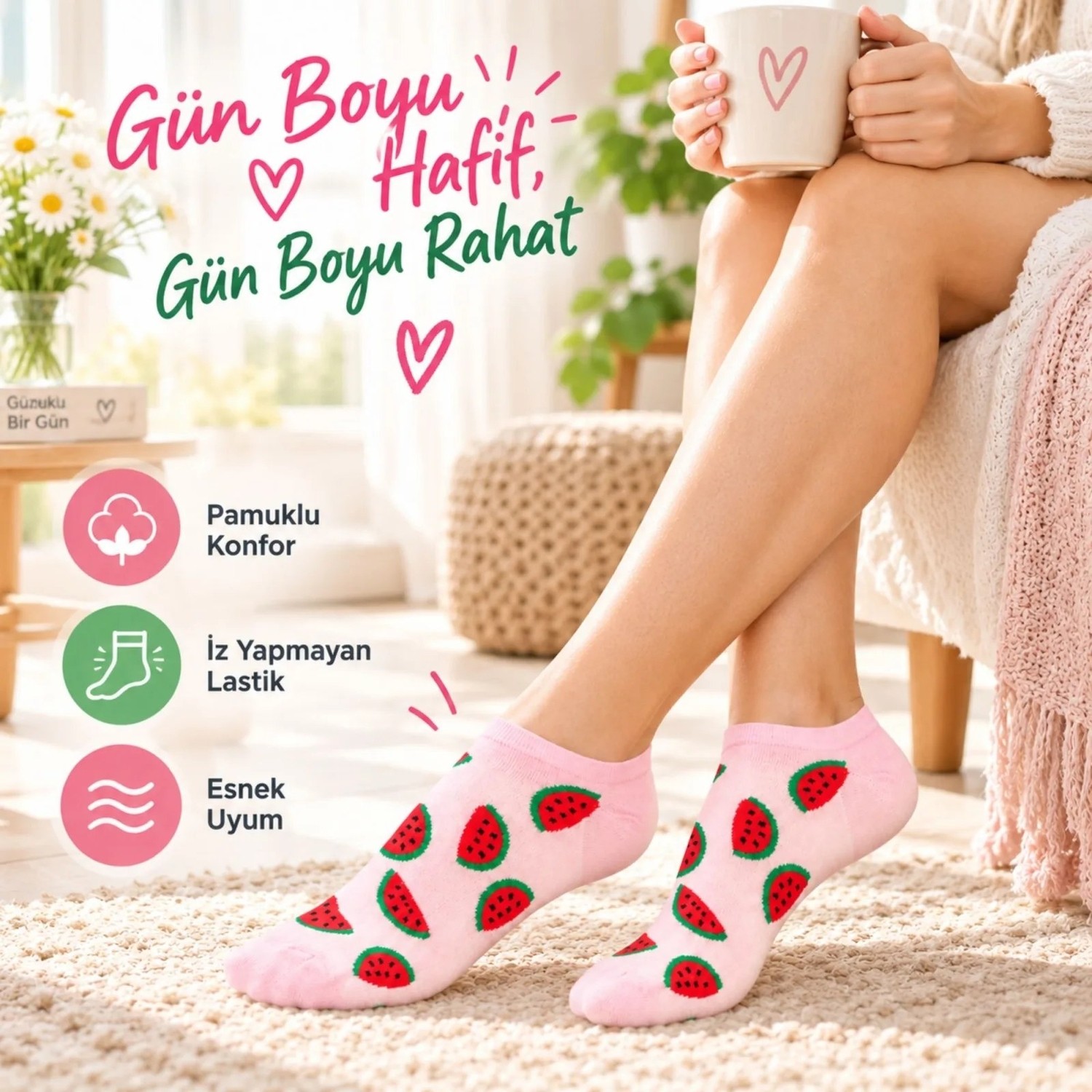 TeOra Store Kadın Karpuz 3'lü Desenli Patik Çorap Pamuklu Dikişsiz Sneaker Uyumlu Eğlenceli Yazlık Set görsel 3
