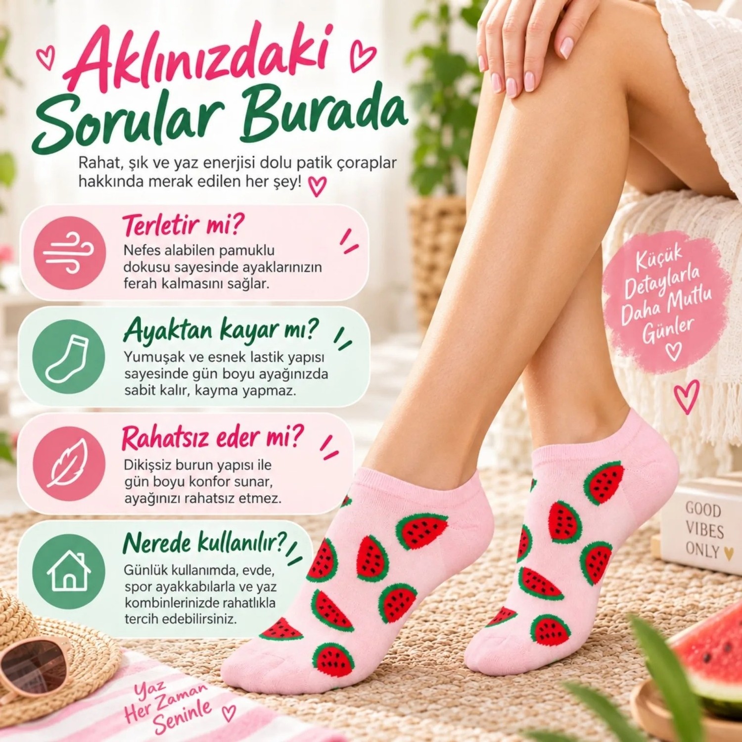TeOra Store Kadın Karpuz 3'lü Desenli Patik Çorap Pamuklu Dikişsiz Sneaker Uyumlu Eğlenceli Yazlık Set görsel 5