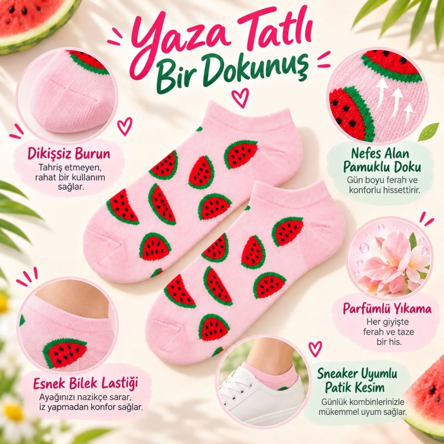 TeOra Store Kadın Karpuz 3'lü Desenli Patik Çorap Pamuklu Dikişsiz Sneaker Uyumlu Eğlenceli Yazlık Set görsel 6