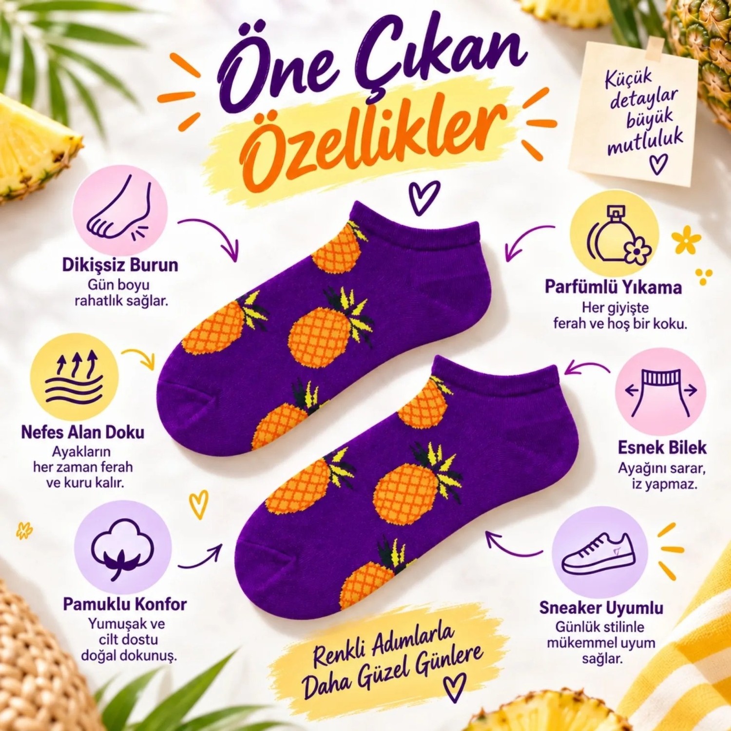 TeOra Store Kadın Mor Ananas Desenli Patik Çorap 6'lı Paket | Renkli, Rahat ve Günlük Kısa Çorap Seti görsel 3