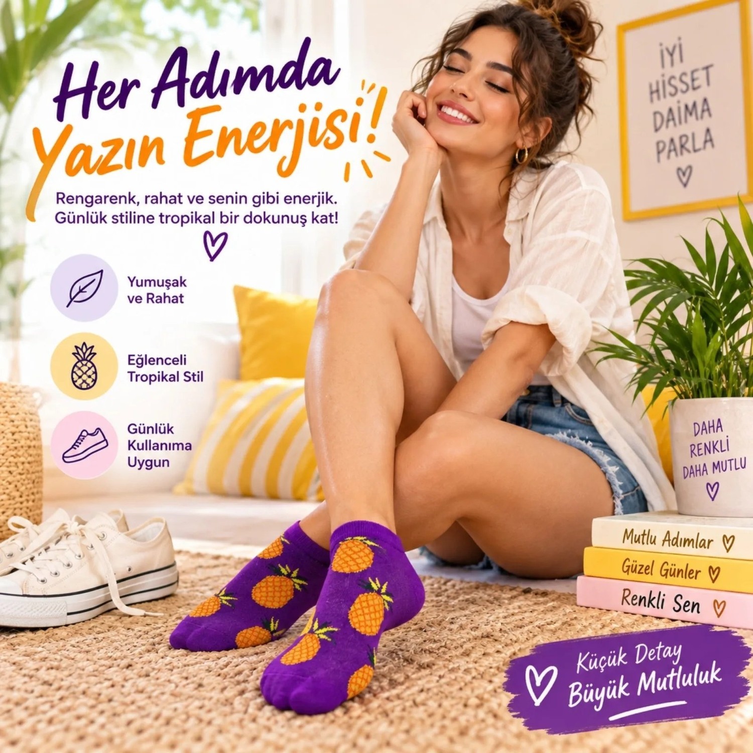 TeOra Store Kadın Mor Ananas Desenli Patik Çorap 6'lı Paket | Renkli, Rahat ve Günlük Kısa Çorap Seti görsel 4