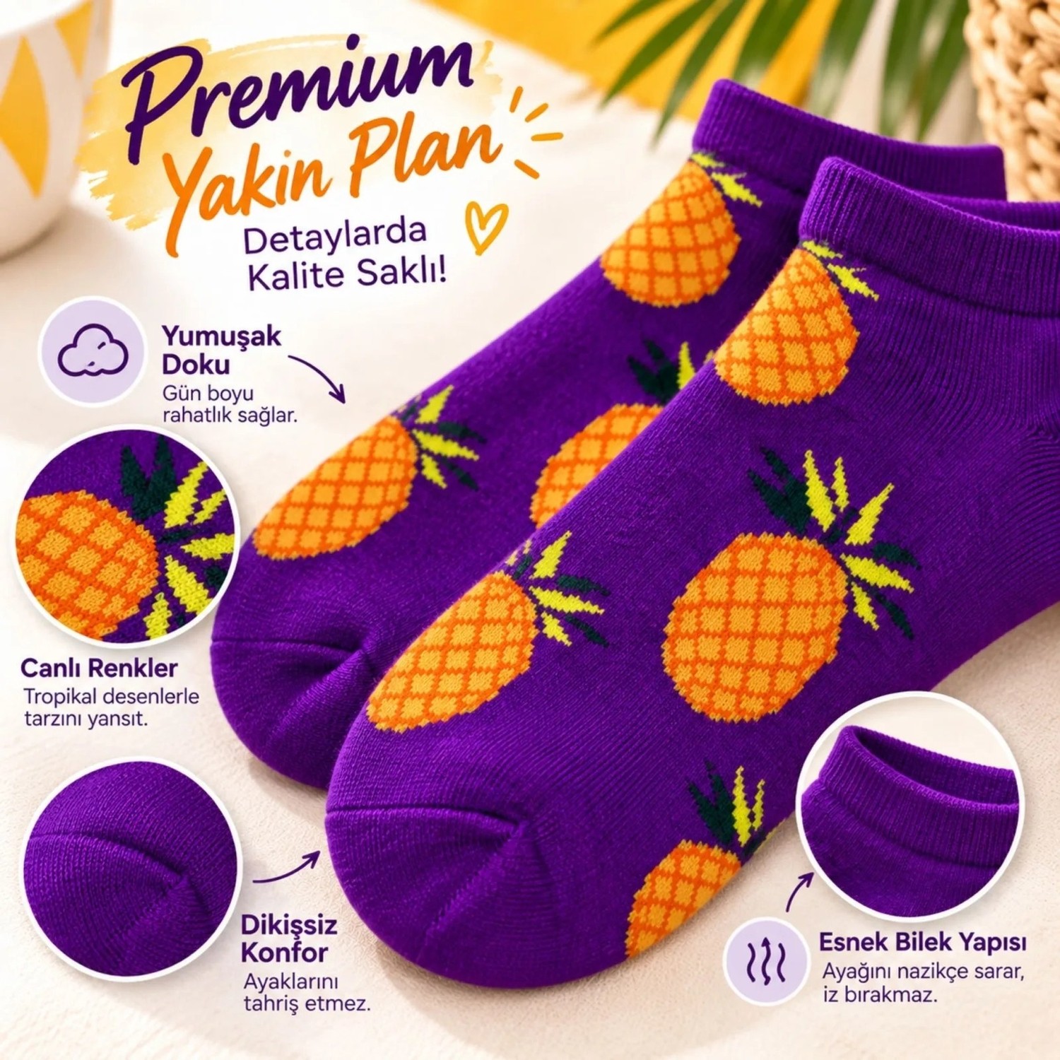 TeOra Store Kadın Mor Ananas Desenli Patik Çorap 6'lı Paket | Renkli, Rahat ve Günlük Kısa Çorap Seti görsel 6