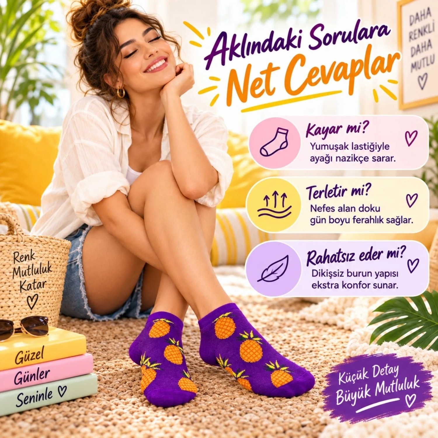 TeOra Store Kadın Mor Ananas Desenli Patik Çorap 6'lı Paket | Renkli, Rahat ve Günlük Kısa Çorap Seti görsel 7
