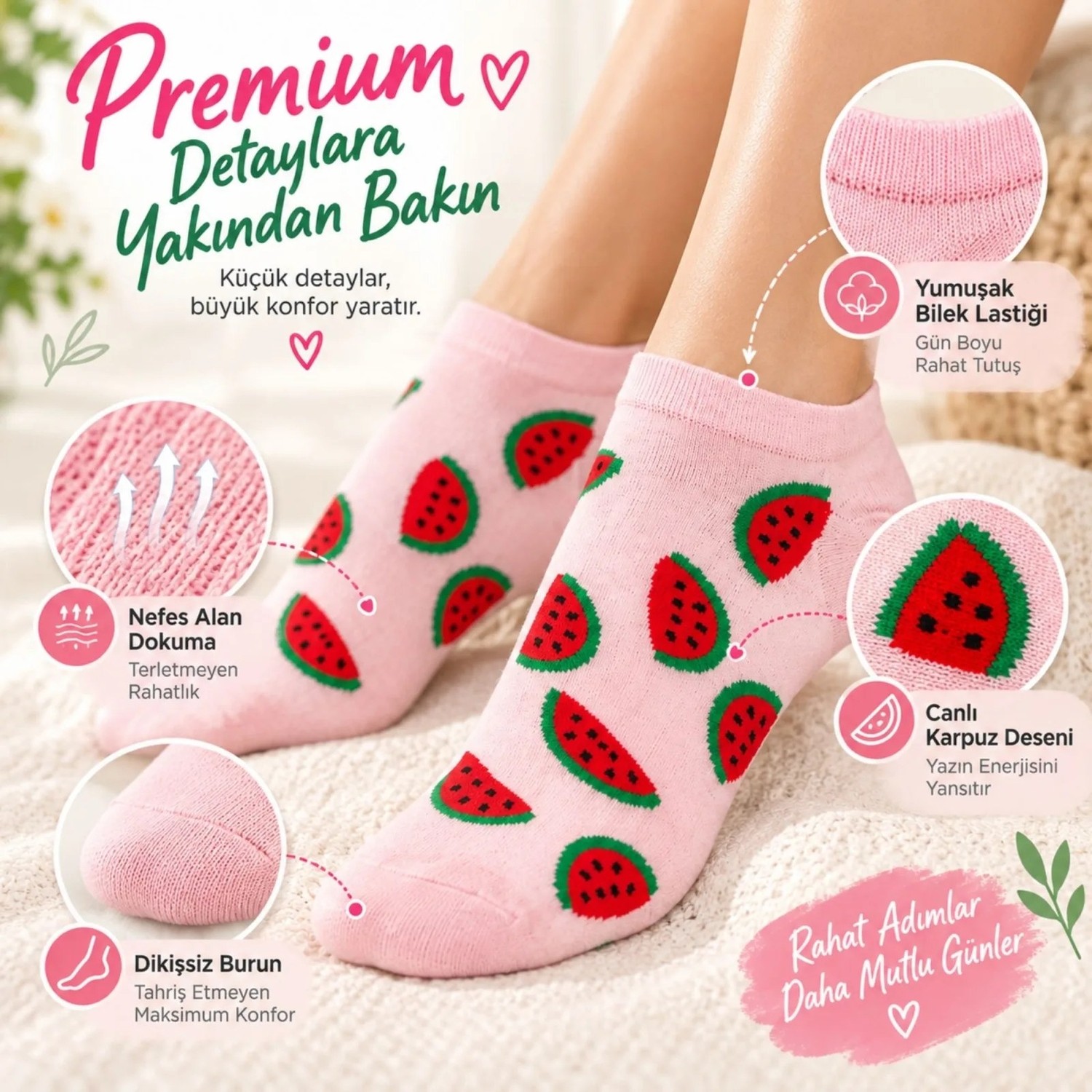 TeOra Store Kadın Karpuz 6'lı Desenli Patik Çorap Pamuklu Dikişsiz Sneaker Uyumlu Eğlenceli Yazlık Set görsel 4