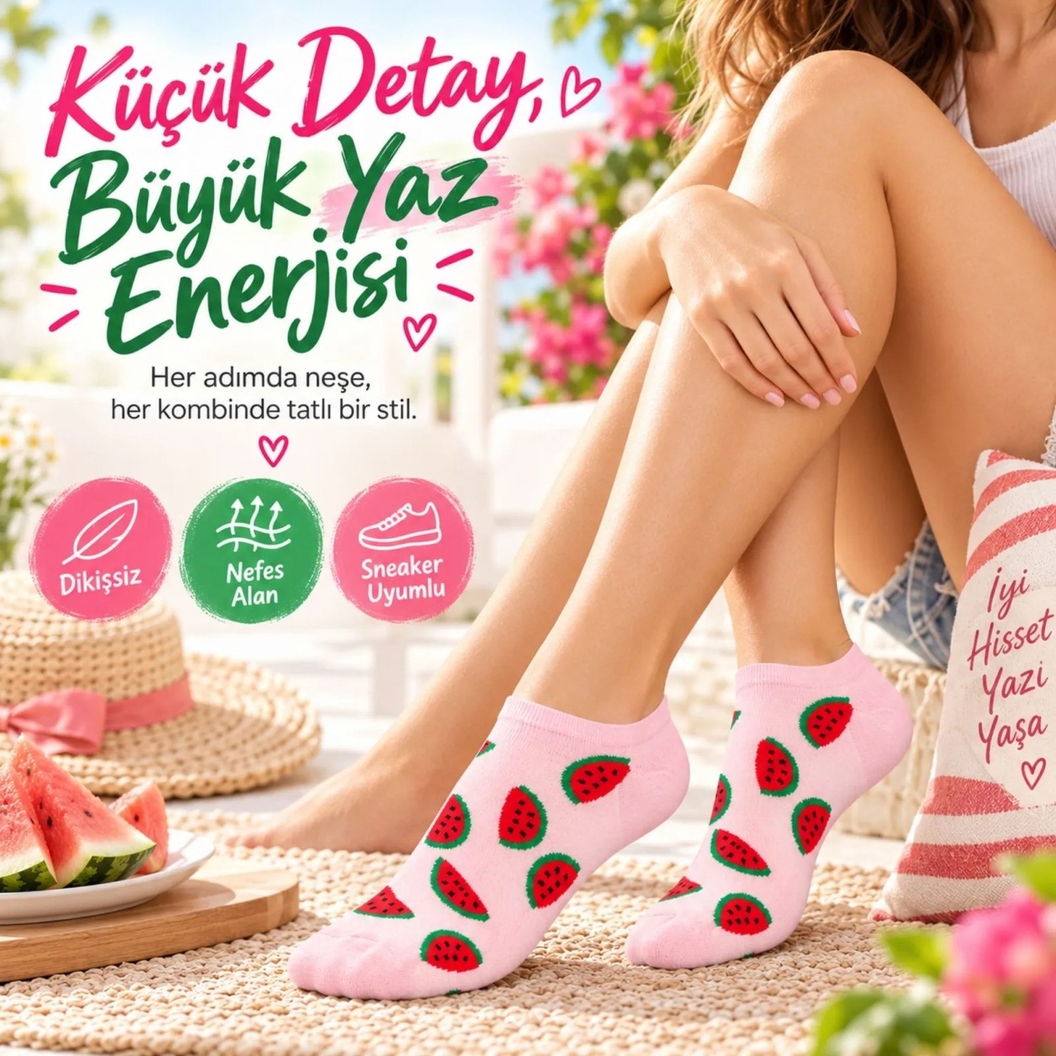 TeOra Store Kadın Karpuz 6'lı Desenli Patik Çorap Pamuklu Dikişsiz Sneaker Uyumlu Eğlenceli Yazlık Set görsel 7