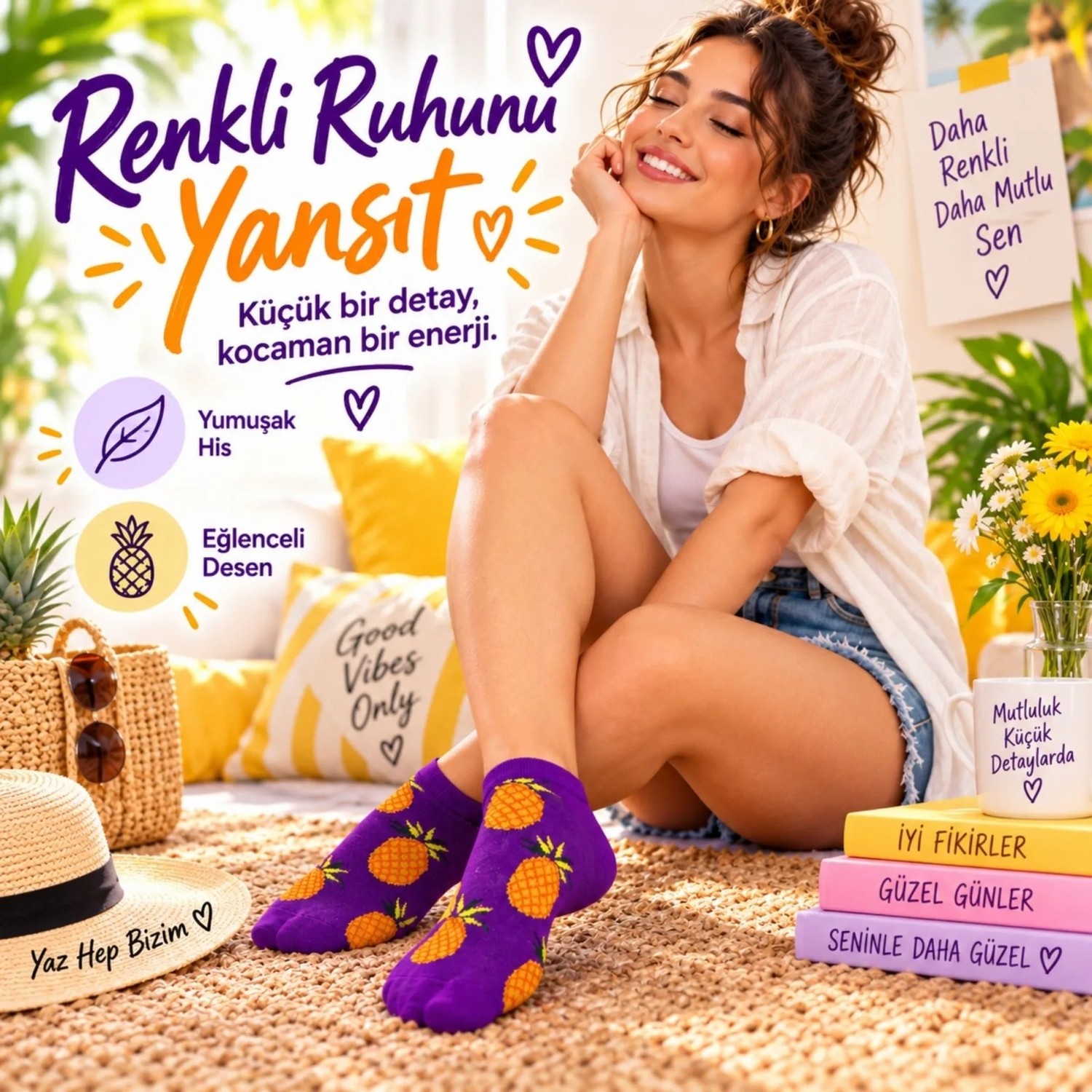 TeOra Store Kadın Mor Ananas Desenli Patik Çorap 3’lü Paket | Renkli, Rahat, Esnek ve Günlük Kısa Çorap Seti görsel 2