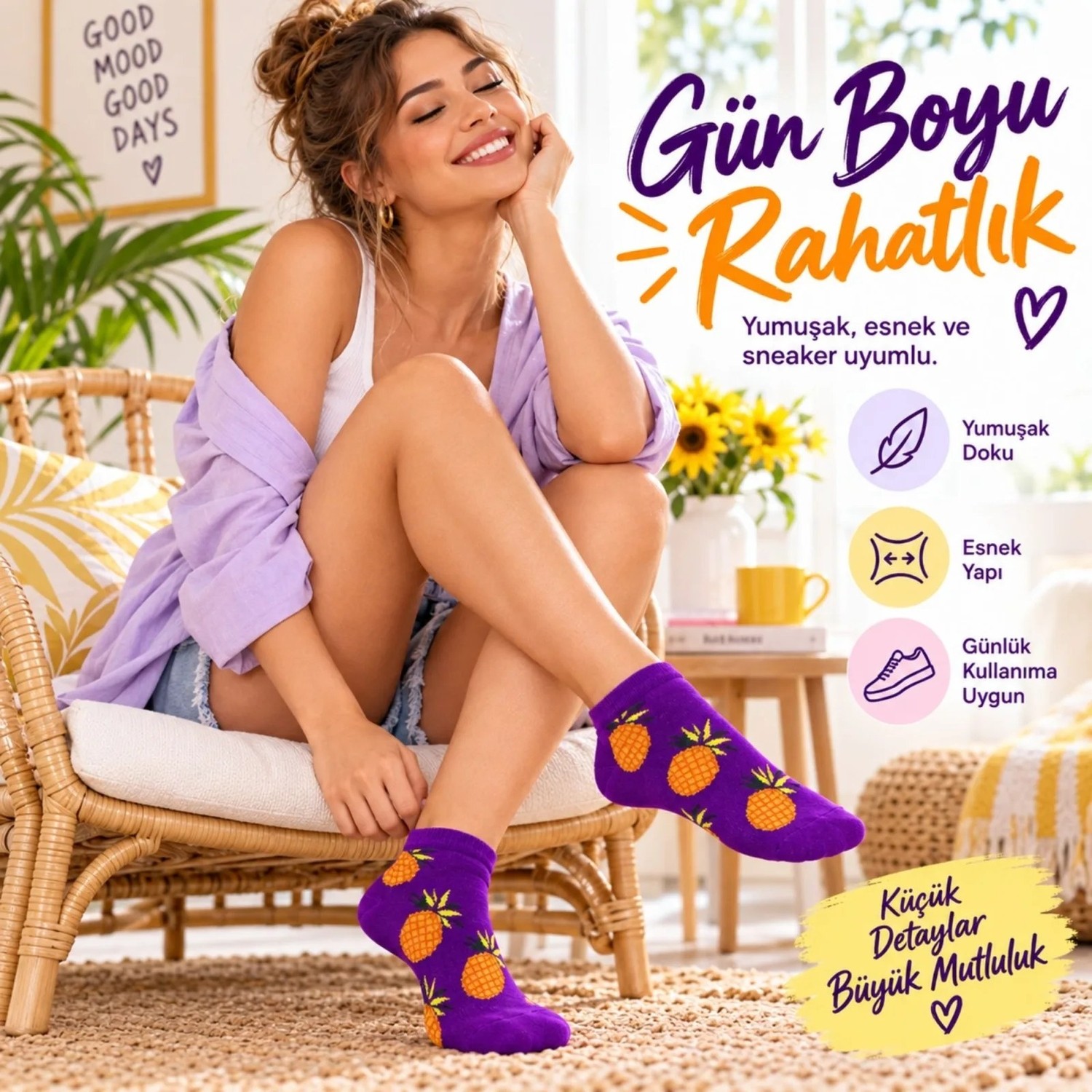 TeOra Store Kadın Mor Ananas Desenli Patik Çorap 3’lü Paket | Renkli, Rahat, Esnek ve Günlük Kısa Çorap Seti görsel 5