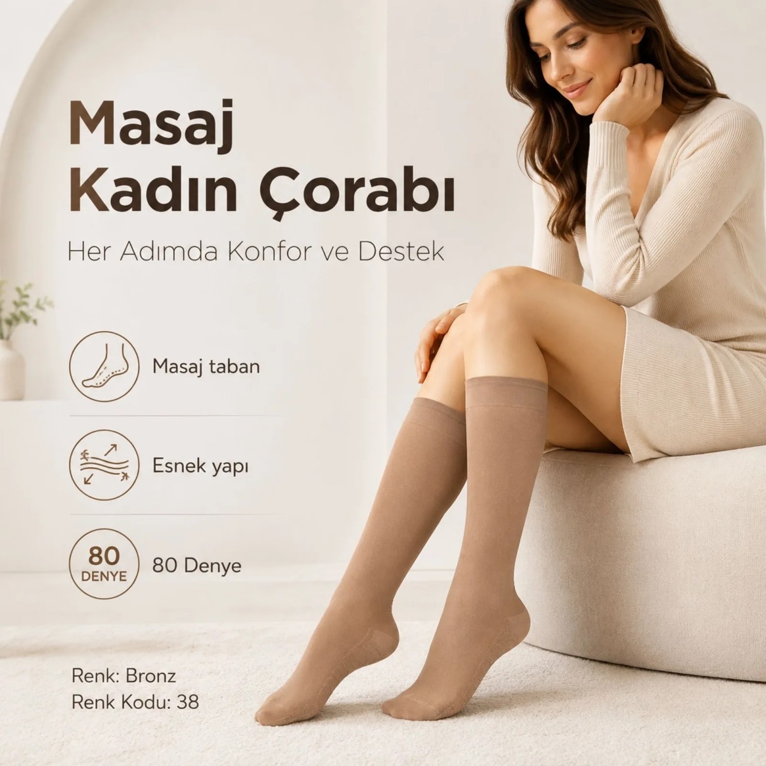 Kadın 4'lü Set Anne Masaj Tabanlı Dizaltı Çorap 80 Denye Esnek Rahat Günlük Kullanım, Renk: Çok Renkli, Beden: 36-40 görsel 4