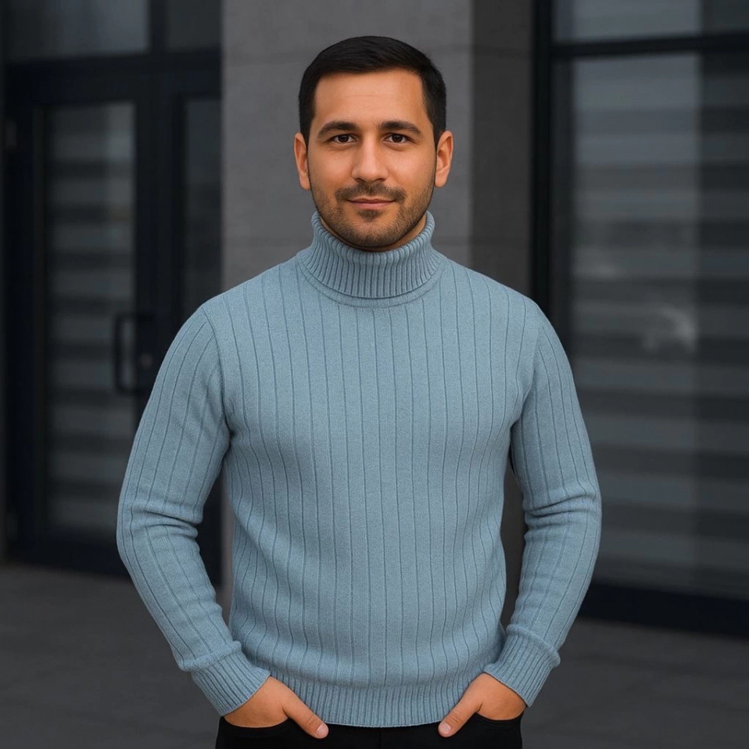 Pileli Store Erkek Balıkcı Yaka Bağazlı Triko Kazak Pamuklu Kalın Fitilli Dokuma, Regular Fit Uzun Kollu Kışlık Model - Bebe Mavisi