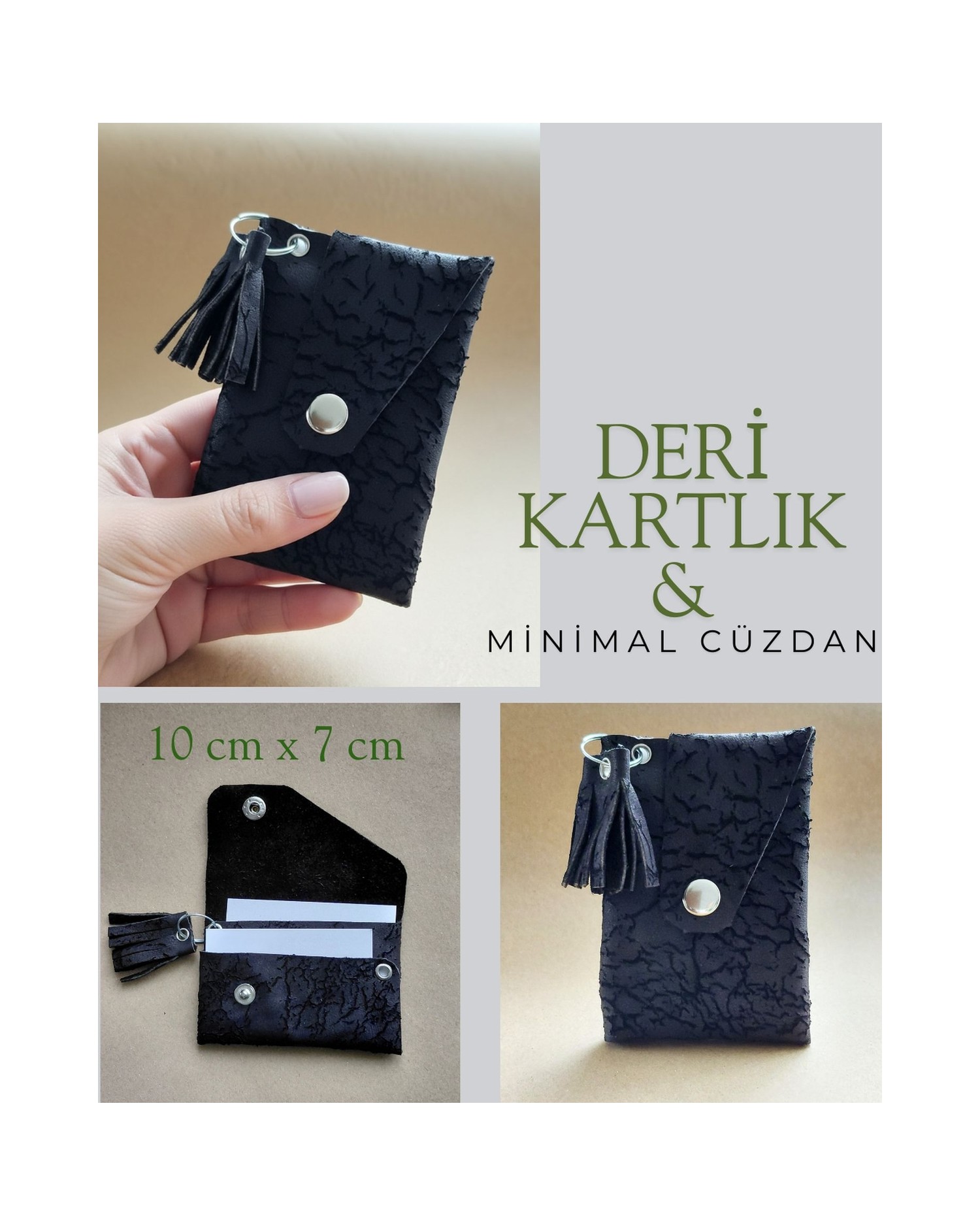 Hakiki Eskitme Deri Kadın Minimal Avuçiçi Tasarım Kartlık & Cüzdan Antrasit Siyah