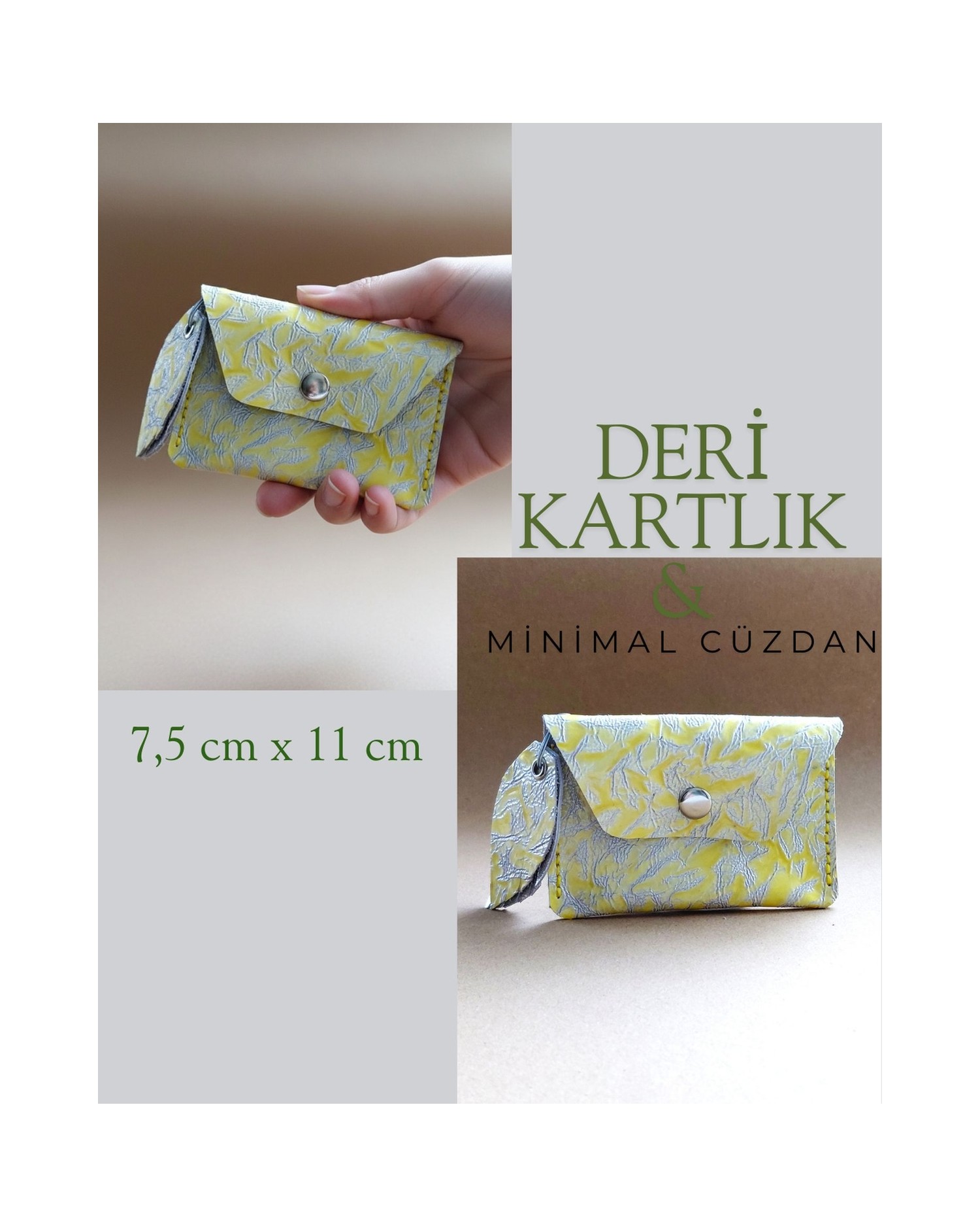 Hakiki Deri Minimal Avuçiçi Sarı Leopar Tasarım Kadın Kartlık Cüzdan
