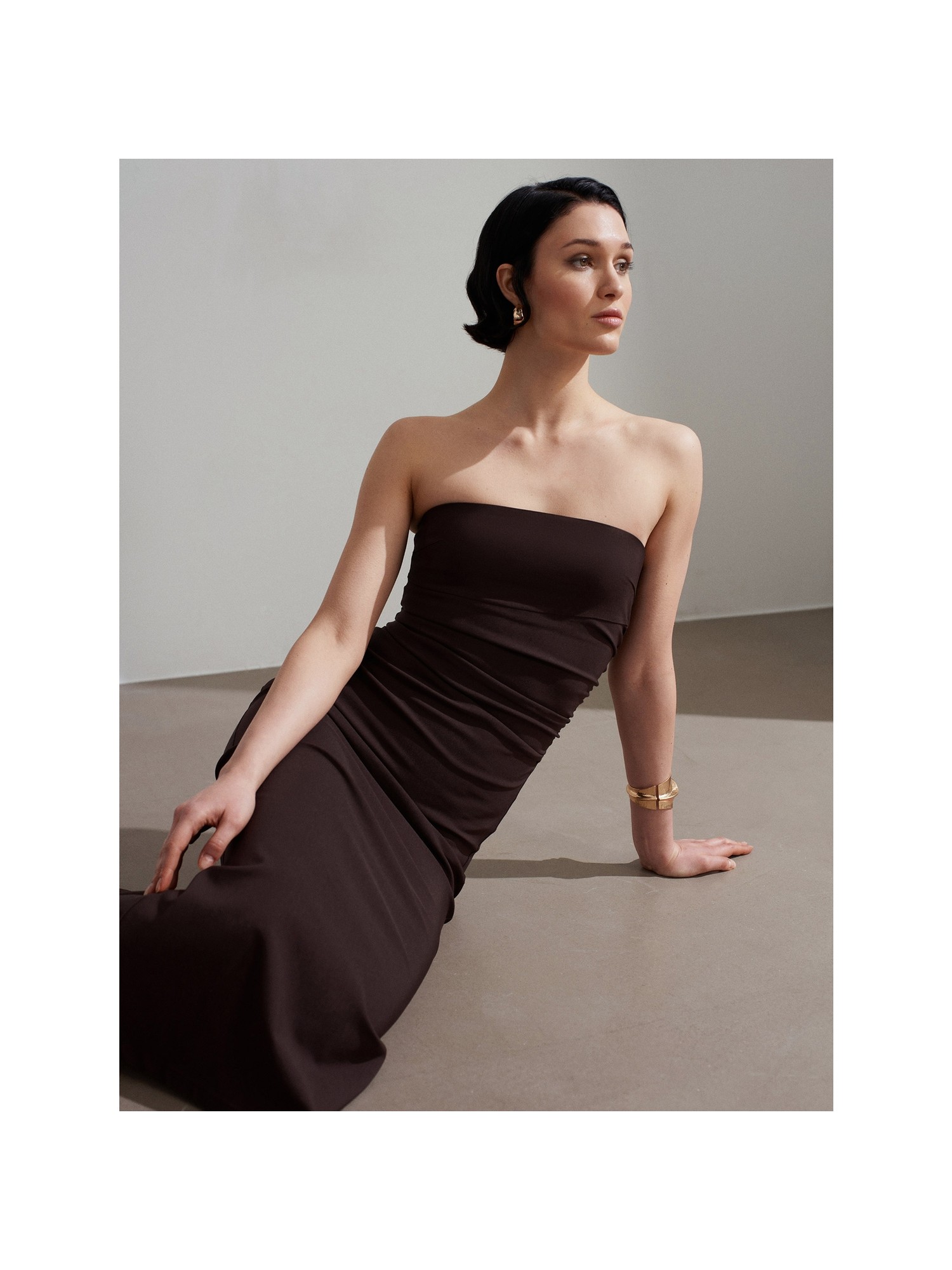 Dilvin 91368 Straplez Midi Elbise-Koyu Kahve görsel 6
