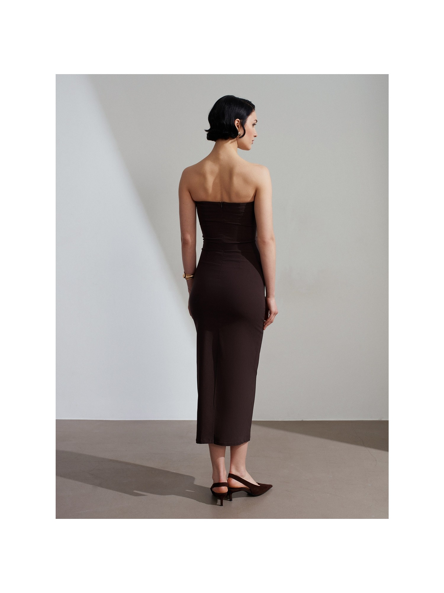 Dilvin 91368 Straplez Midi Elbise-Koyu Kahve görsel 7