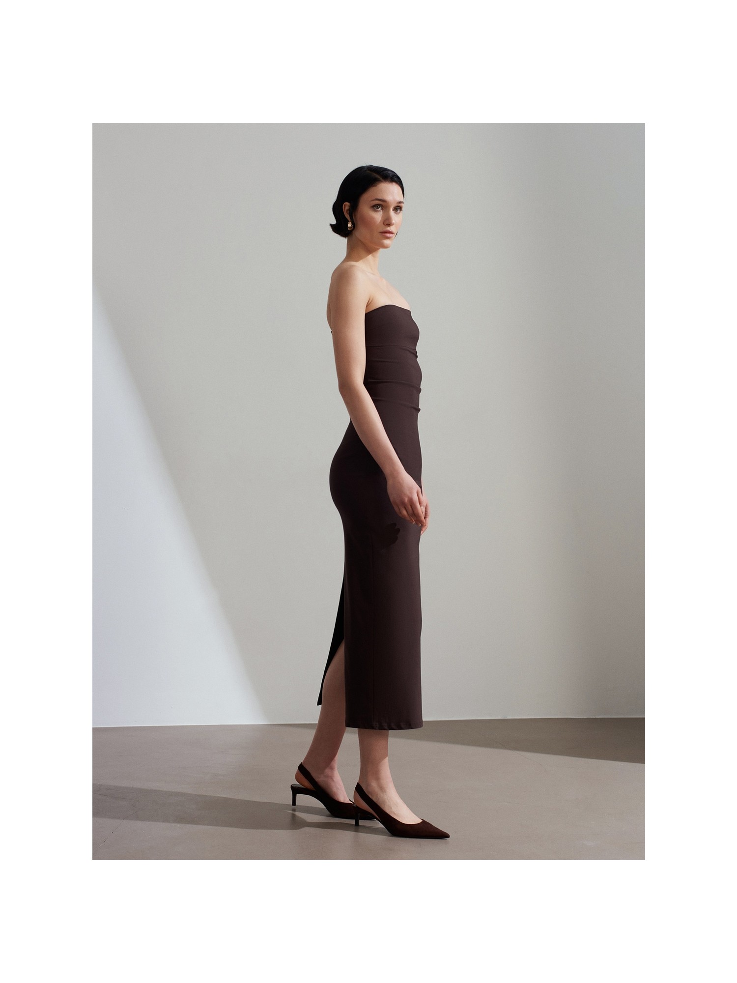 Dilvin 91368 Straplez Midi Elbise-Koyu Kahve görsel 8