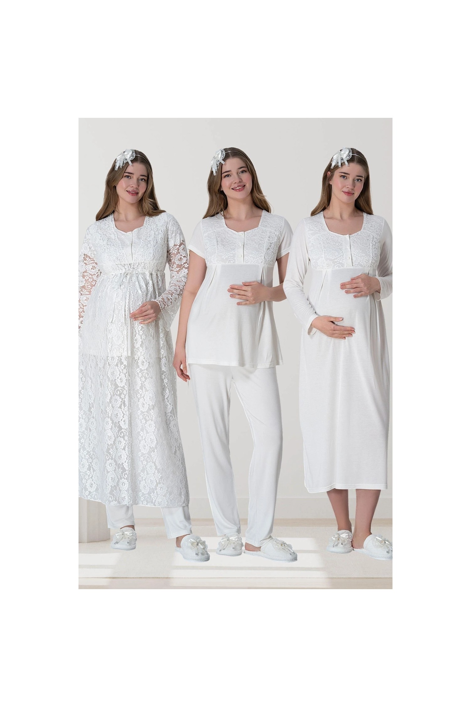 Mecit Pijama Mecit 6060 Ekru Dantel Sabahlıklı Gecelik Pijama Lohusa Set görsel 5