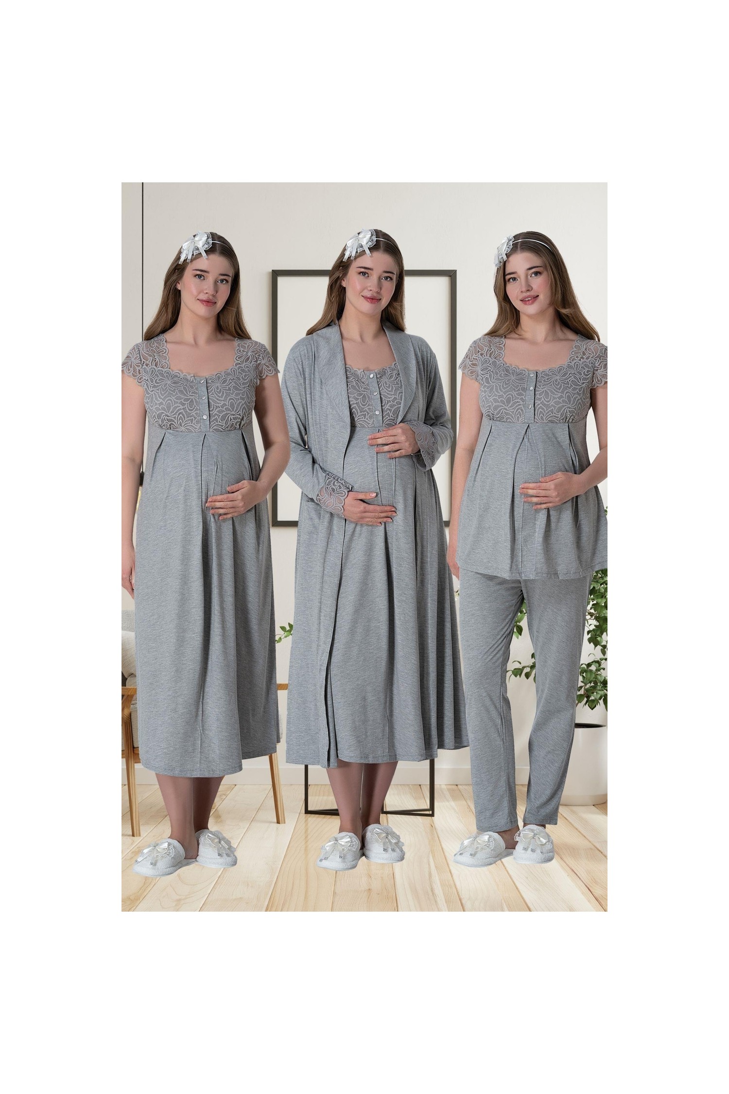 Mecit Pijama Mecit 6066 Gri Sabahlıklı Gecelik Pijama Lohusa Set görsel 6