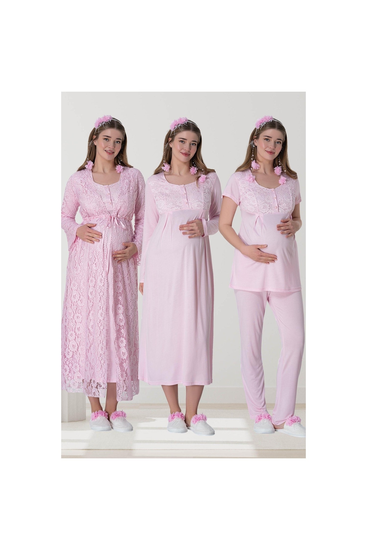 Mecit Pijama Mecit 6060 Pembe Dantel Sabahlıklı Gecelik Pijama Lohusa Set görsel 6