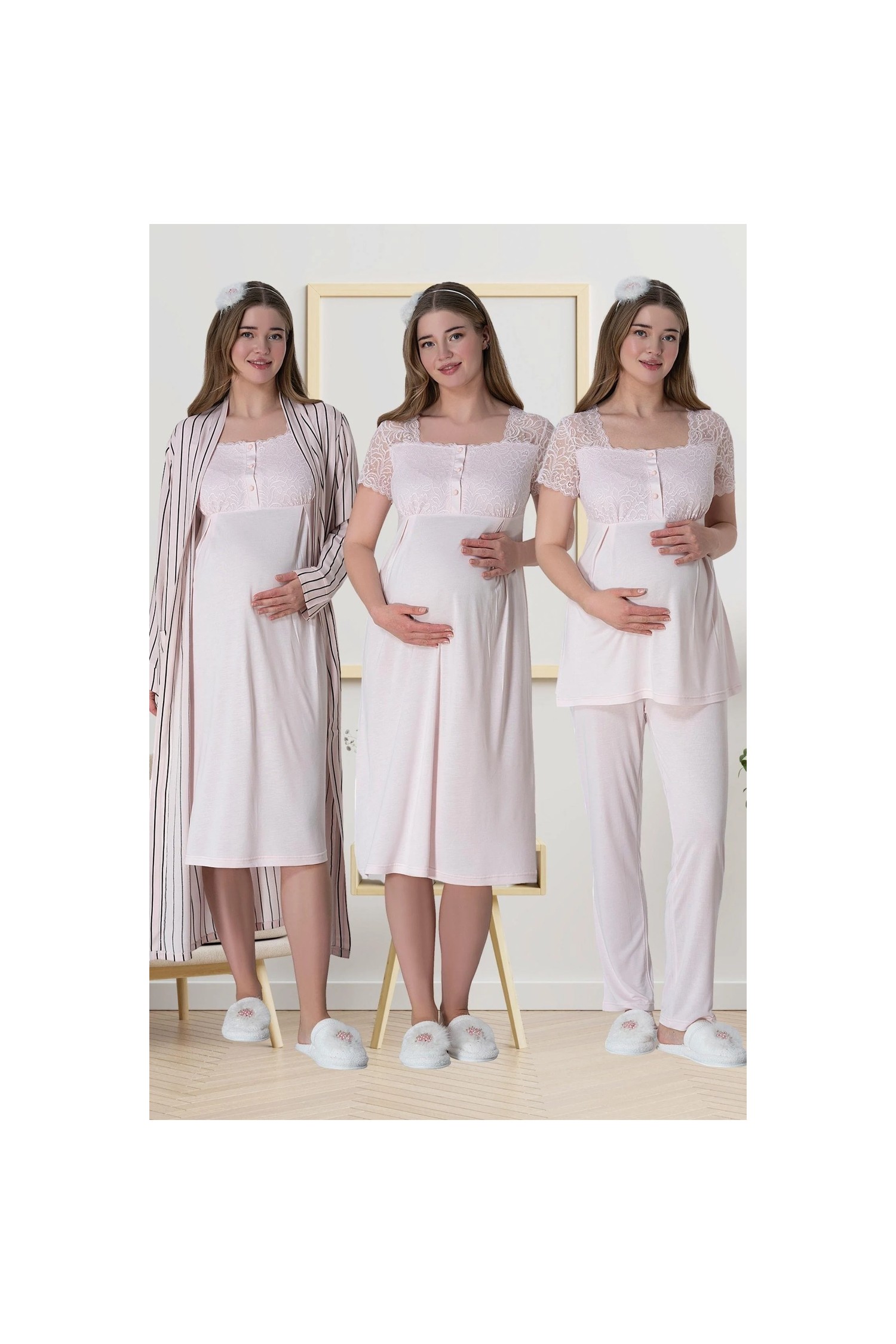 Mecit Pijama Mecit 6063 Pembe Çizgili Uzun Sabahlıklı Gecelik Pijama Lohusa Set görsel 6
