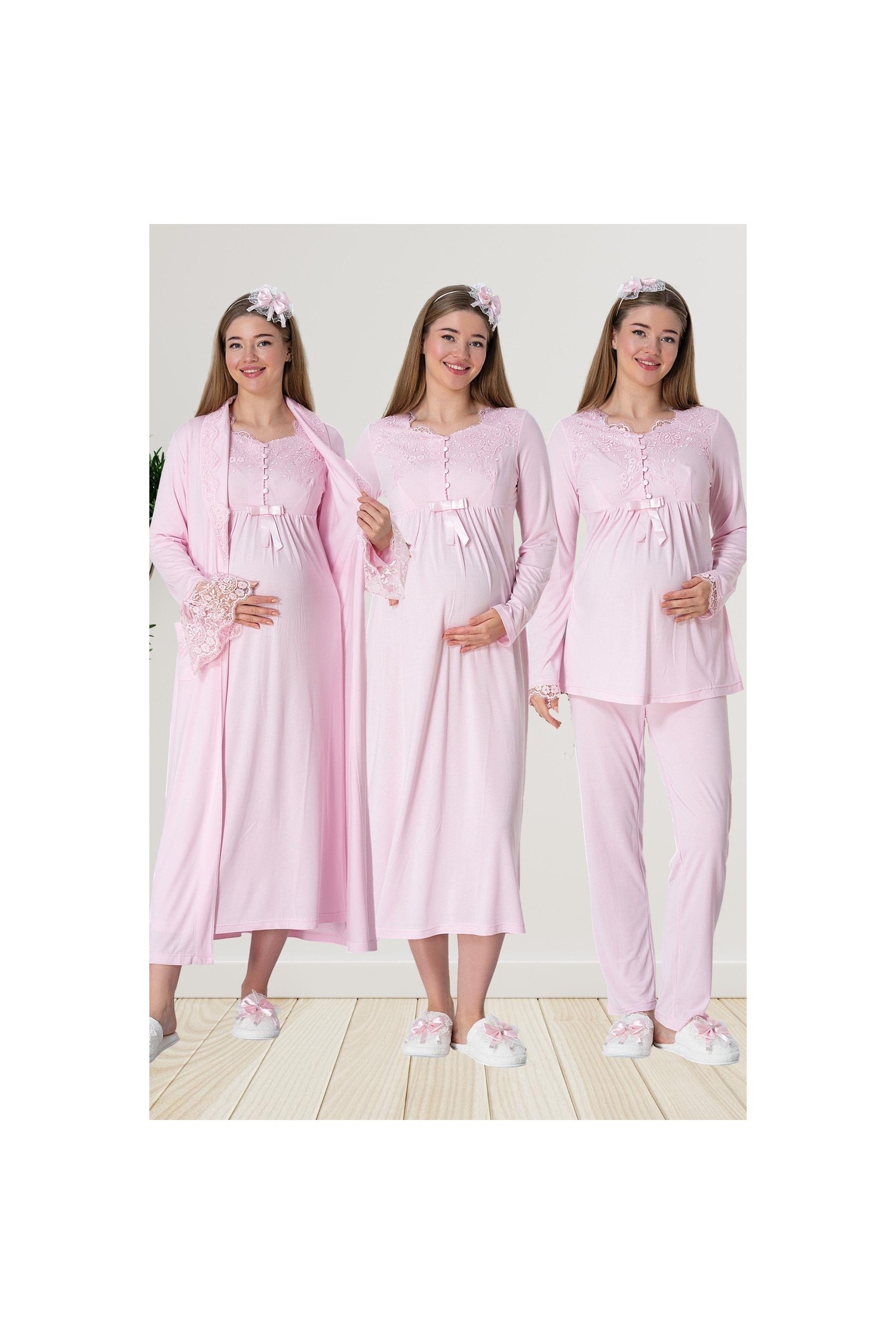 Mecit Pijama Mecit 1924 Pembe Dört Parça Hamile Lohusa Set görsel 6