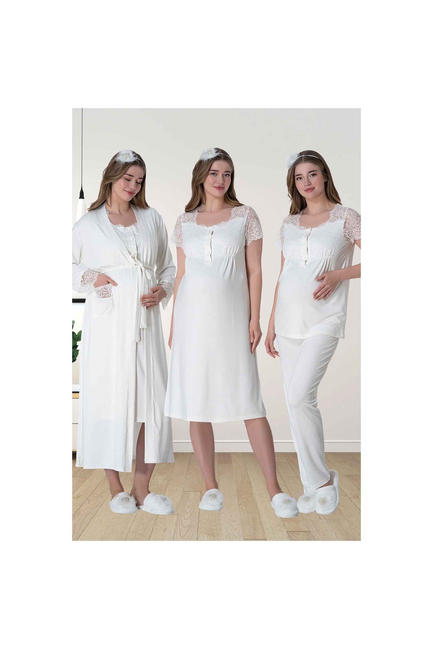 Mecit Pijama Mecit 6065 Ekru Uzun Sabahlıklı Gecelik Pijama Lohusa Set görsel 5