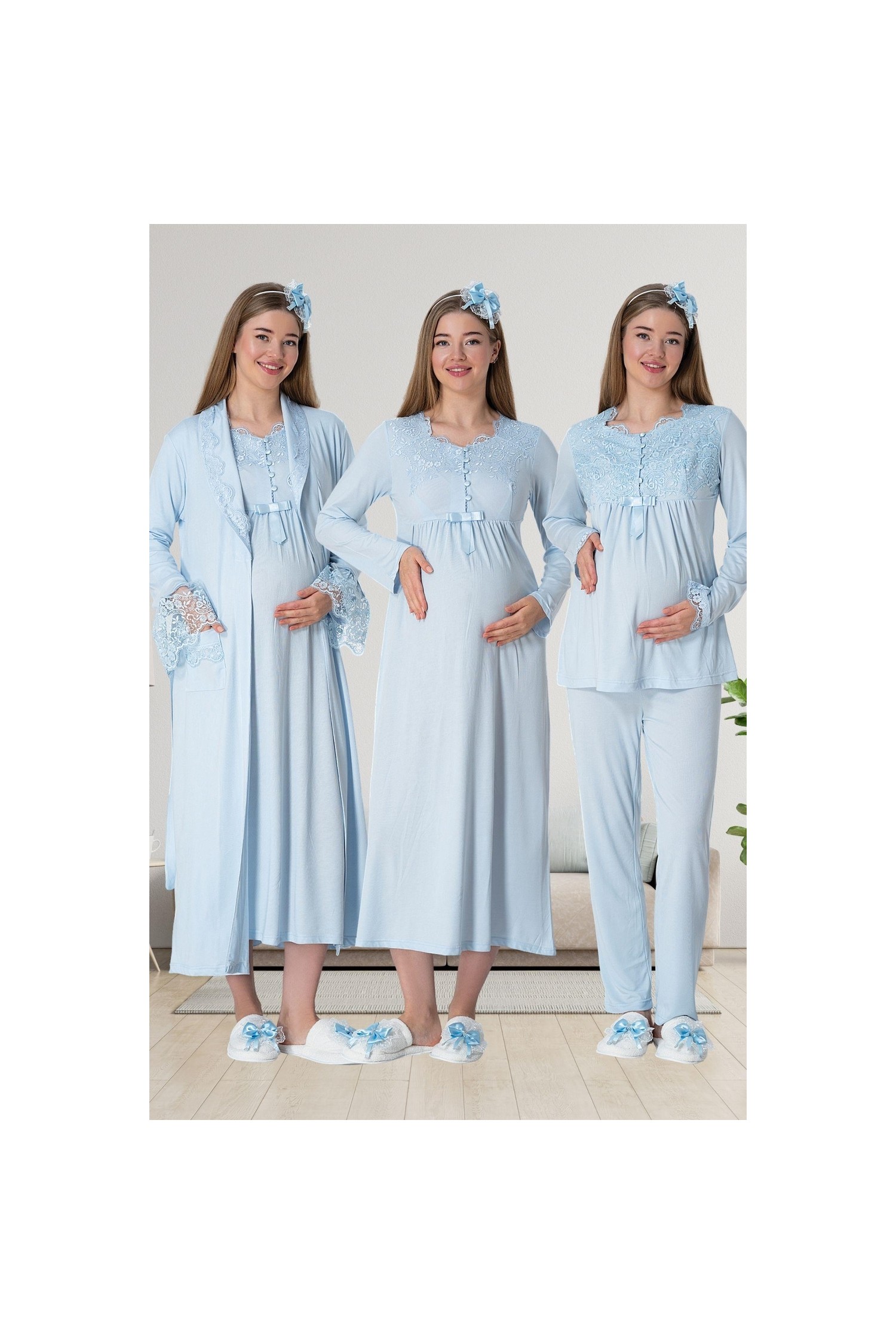 Mecit Pijama Mecit 1924 Mavi Dört Parça Hamile Lohusa Set görsel 6
