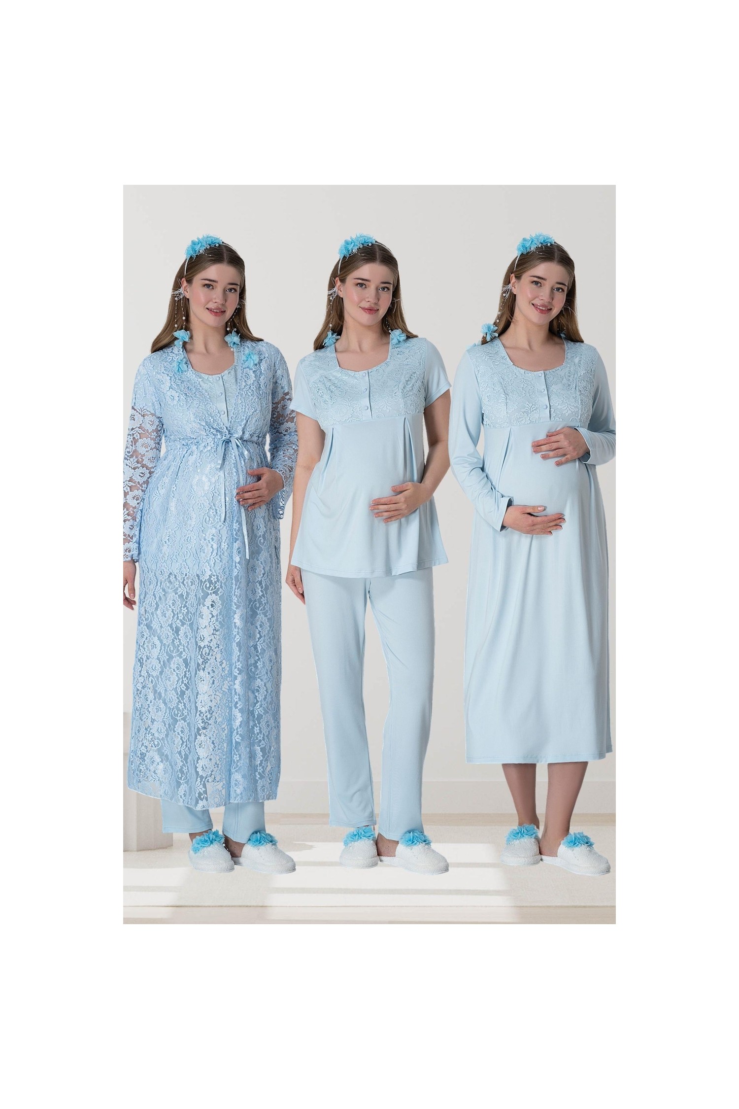 Mecit Pijama Mecit 6060 Mavi Dantel Sabahlıklı Gecelik Pijama Lohusa Set görsel 5
