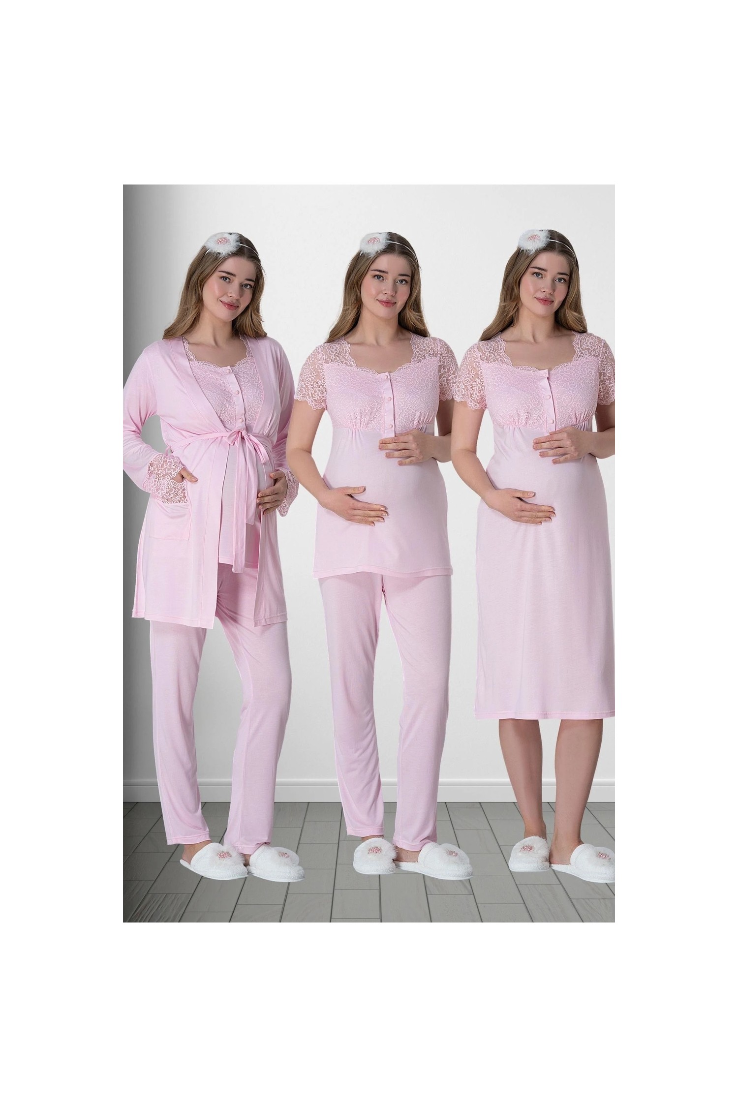 Mecit Pijama Mecit 6062 Pembe Sabahlıklı Gecelik Pijama Lohusa Set görsel 5
