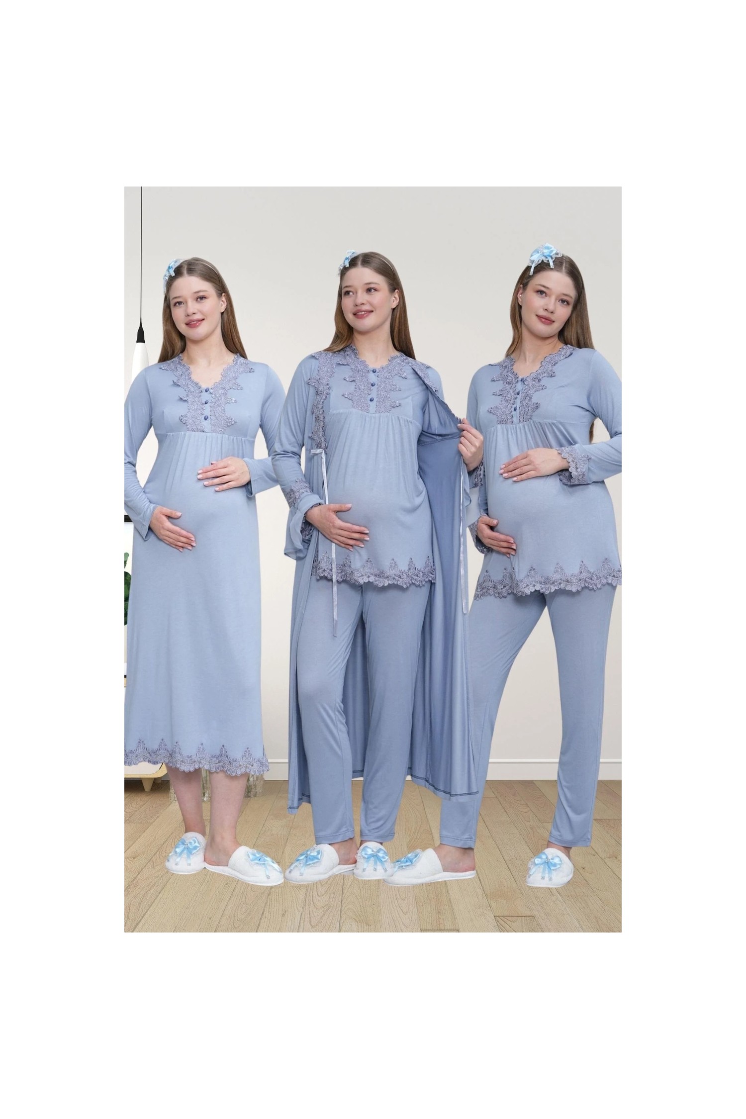 Mecit Pijama Mecit 1519 Mavi Lohusa Sabahlık Gecelik Pijama Set görsel 5