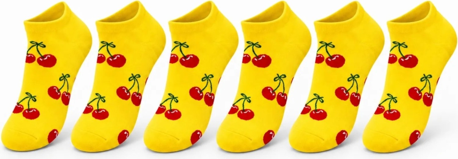 COjans Kadın Kiraz 6'lı Desenli Patik Çorap Sarı Pamuklu Dikişsiz Sneaker Uyumlu Eğlenceli Günlük Set