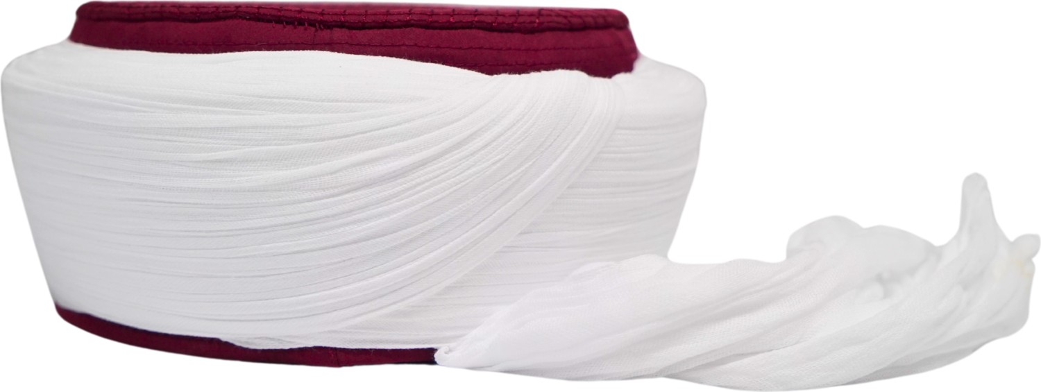 Sarıkhane Namaz Sarığı - Beyaz Kumaş - Bordo Takke - Düz Sarım - Nâli Şerif - 5 metre (Züabeli) görsel 3