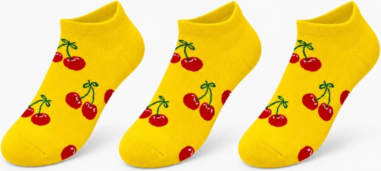 COjans Kadın Kiraz Desenli 3'lü Patik Çorap Sarı Pamuklu Dikişsiz Sneaker Uyumlu Eğlenceli Günlük Set