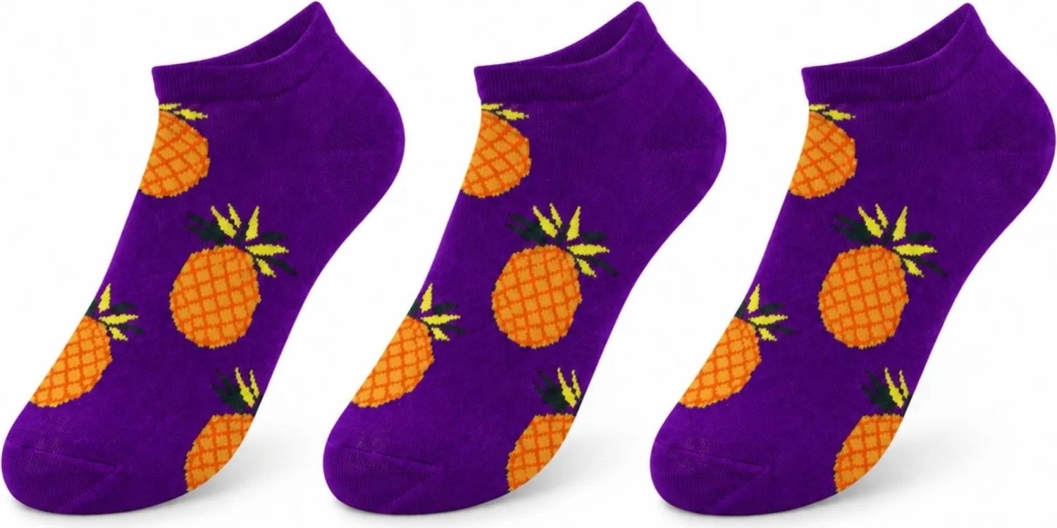 TeOra Store Kadın Mor Ananas Desenli Patik Çorap 3’lü Paket | Renkli, Rahat, Esnek ve Günlük Kısa Çorap Seti