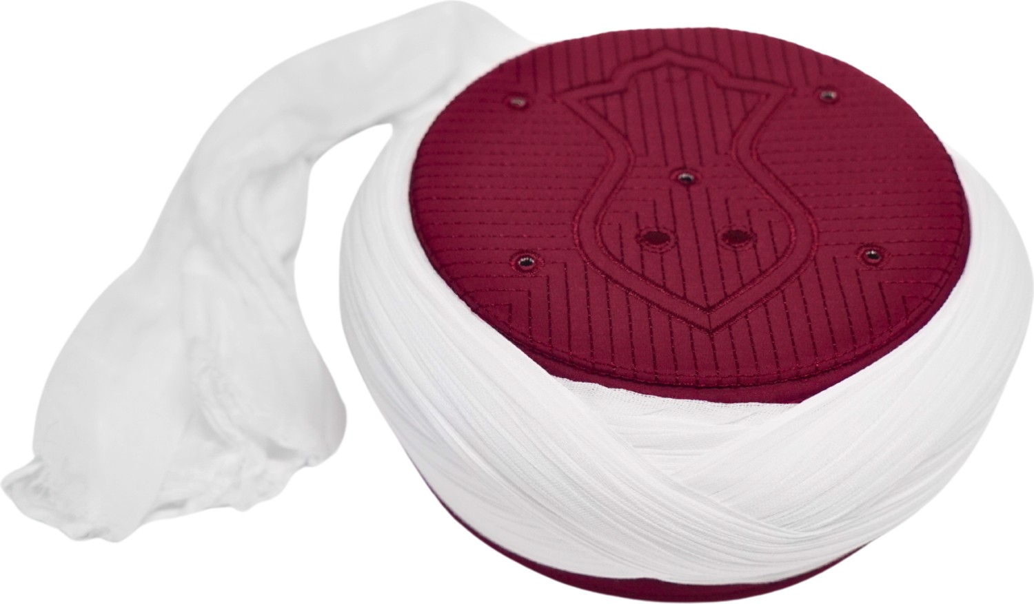Sarıkhane Namaz Sarığı - Beyaz Kumaş - Bordo Takke - Çapraz Sarım - Nâli Şerif - 7 metre (Züabeli)