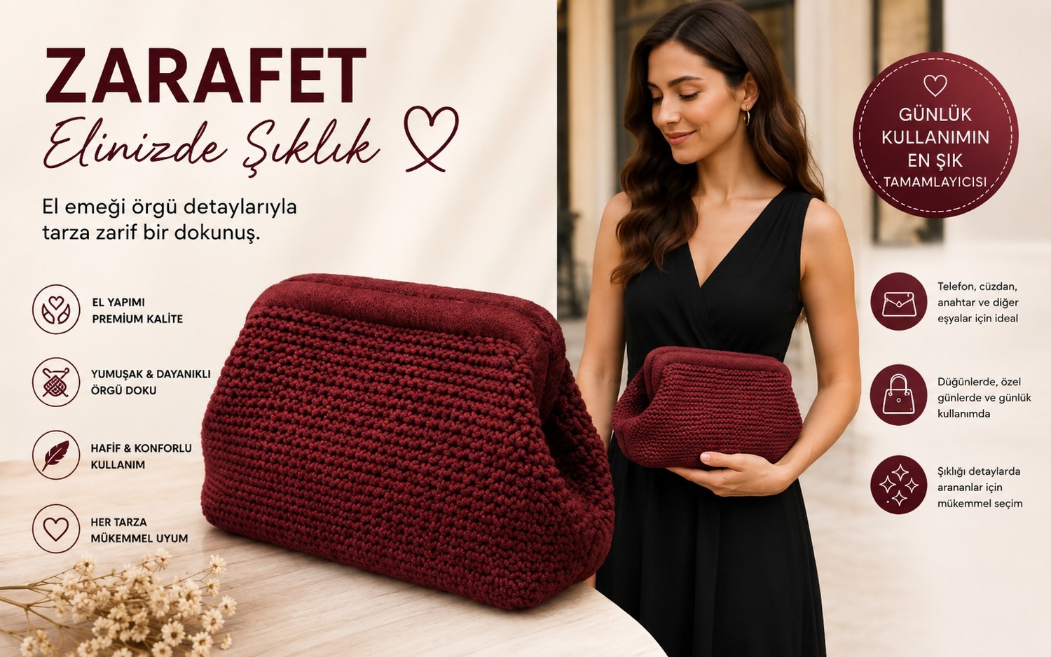 Holistic Kadın Örgü El Çantası Clutch Portföy Abiye Çanta El Yapımı Şık Günlük ve Davet Çantası Kızıl Kahve