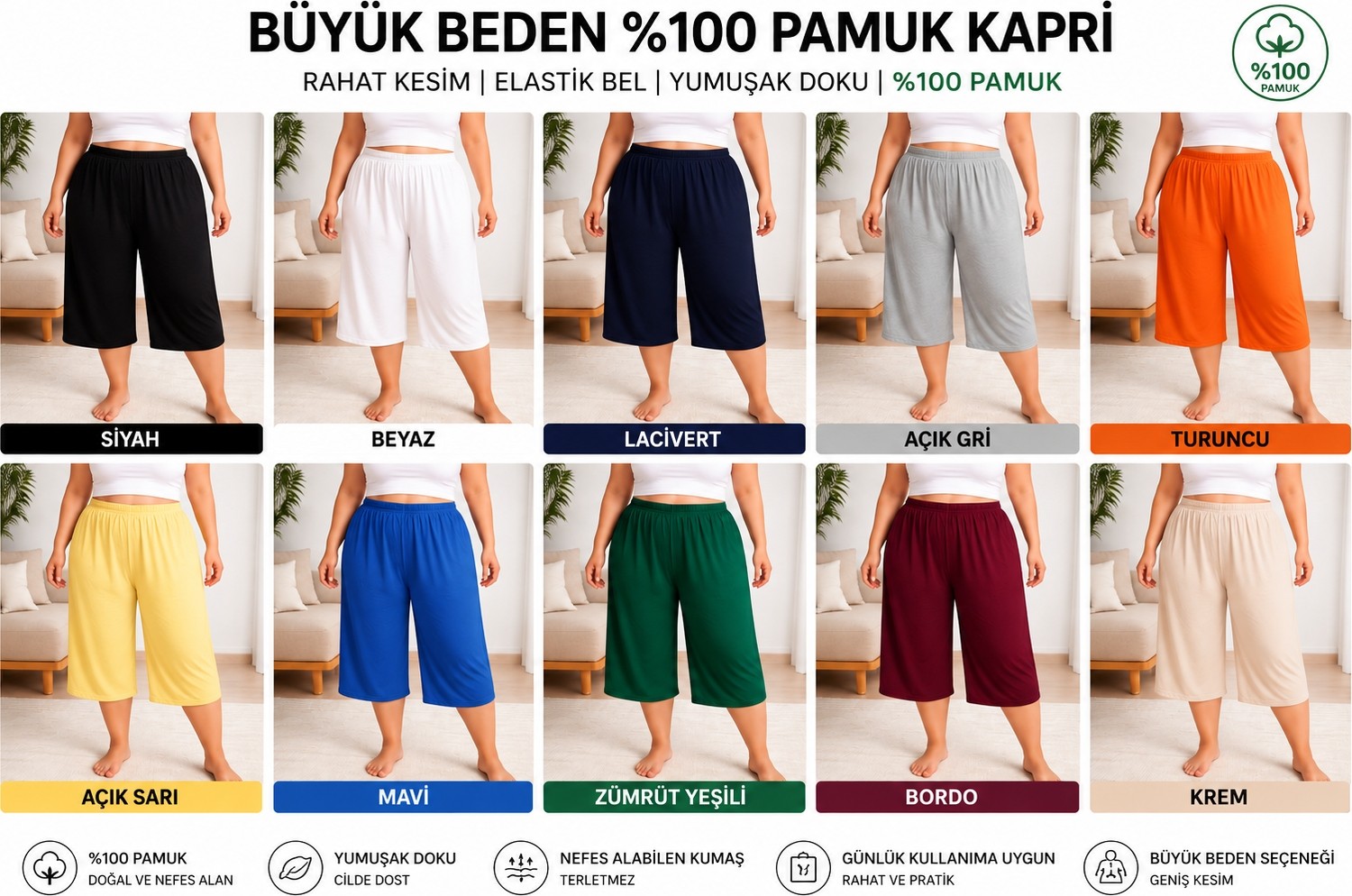 Belirtilmemiş 10’adet Karışık Renk Oversize Pamuk Penye Capri Bermuda Şort Büyük Beden