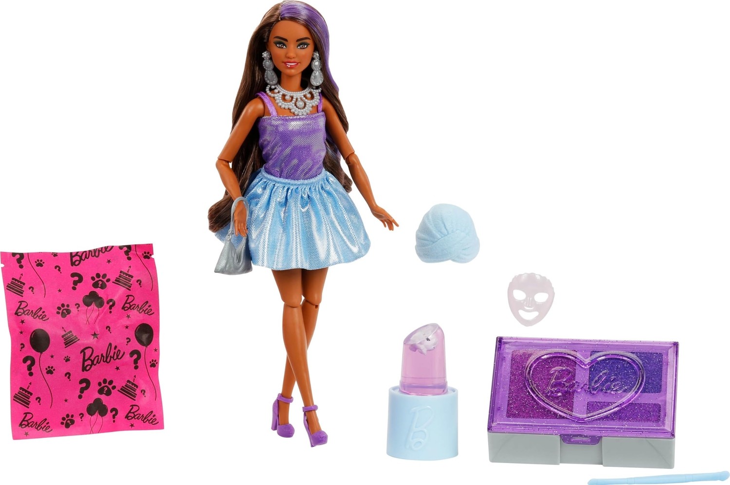 Aesco Barbie Parti Paketi Bebek ve Aksesuarlar, Muhteşem Parti Serisi, Renk Değişimi Dahil 10 Sürpriz, Mor Renk ve Işıltı Teması, JFY66 görsel 2