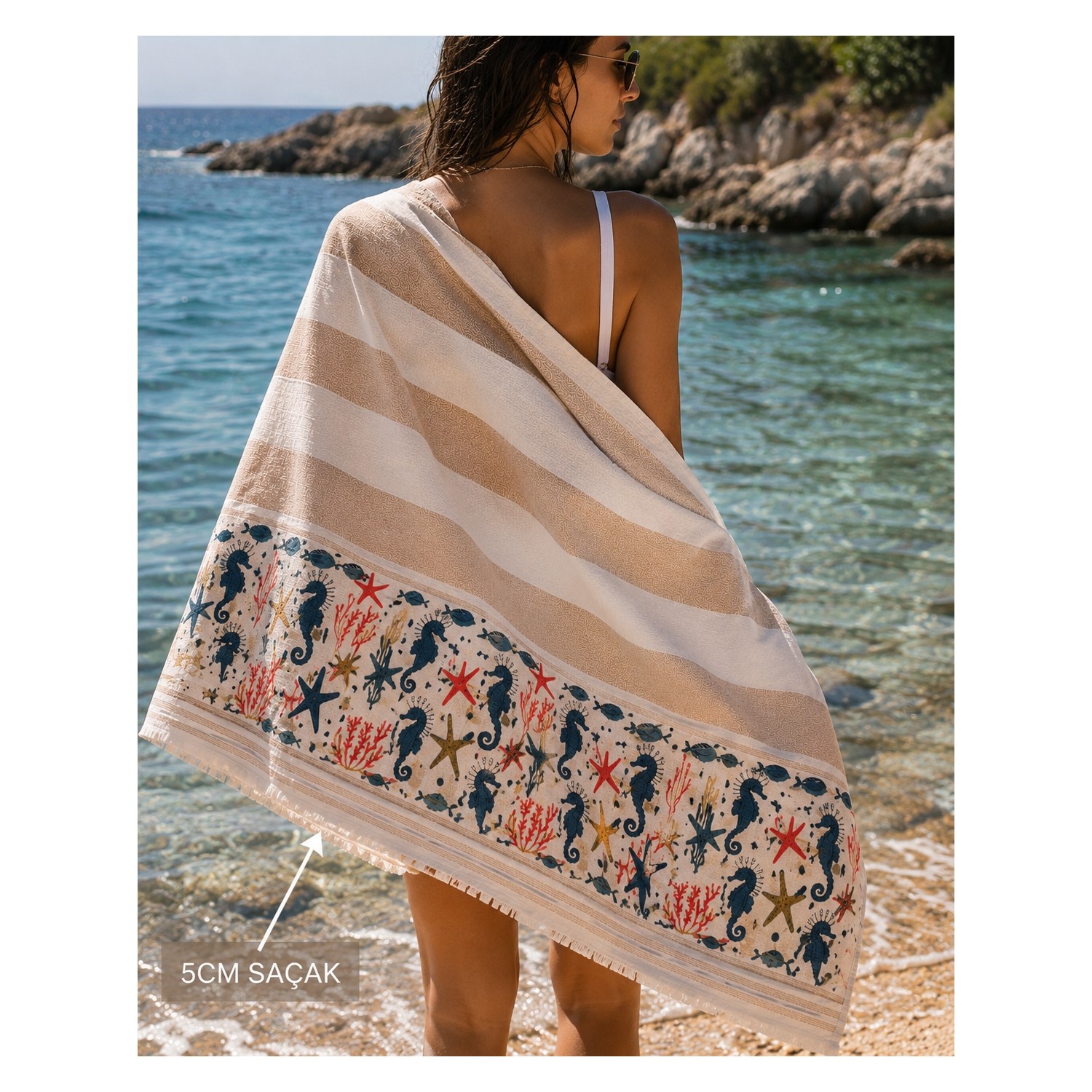 Buldan Natura Mercan Rüyası Denizatı Desenli Pamuklu Havlu Peştemal 100X180 cm – 5 cm Saçaklı