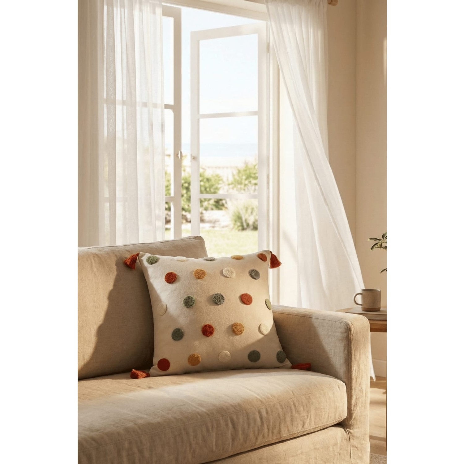 Buldan Natura Puantiye Benekli Panama Keten Punch Nakışlı Dekoratif Kırlent Kılıfı 43X43 cm 4. görsel