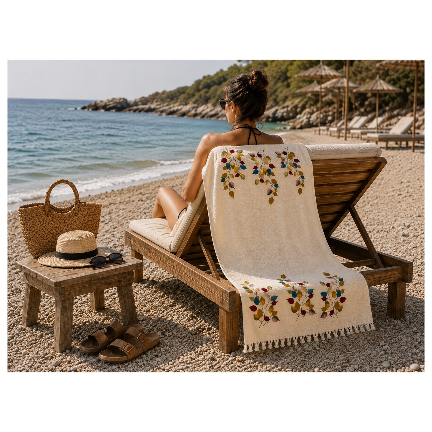 Buldan Natura Hazal Renkli Yaprak Desenli 4 Kat Müslin Peştemal 100×180 cm – 5 cm Saçaklı – Krem