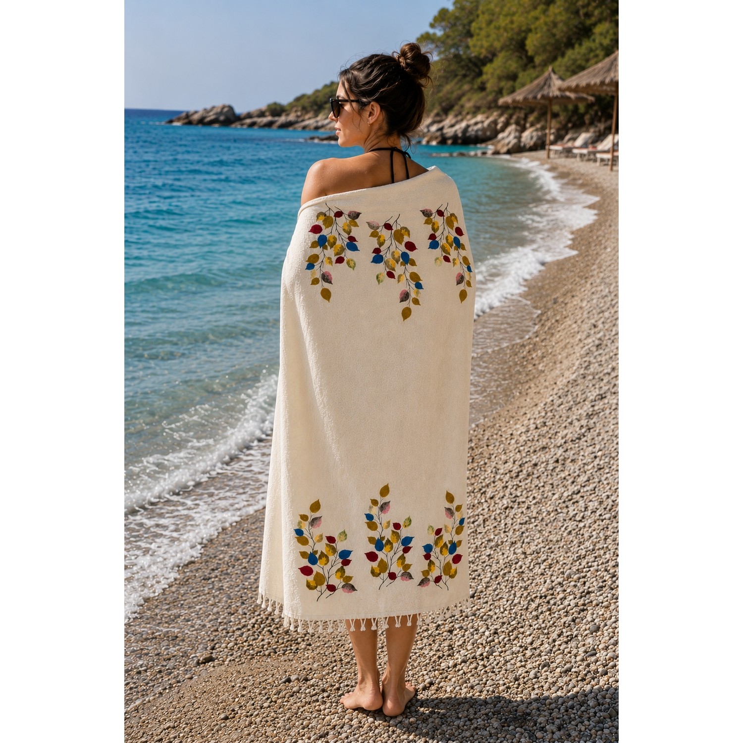 Buldan Natura Hazal Renkli Yaprak Desenli 4 Kat Müslin Peştemal 100×180 cm – 5 cm Saçaklı – Krem 2. görsel