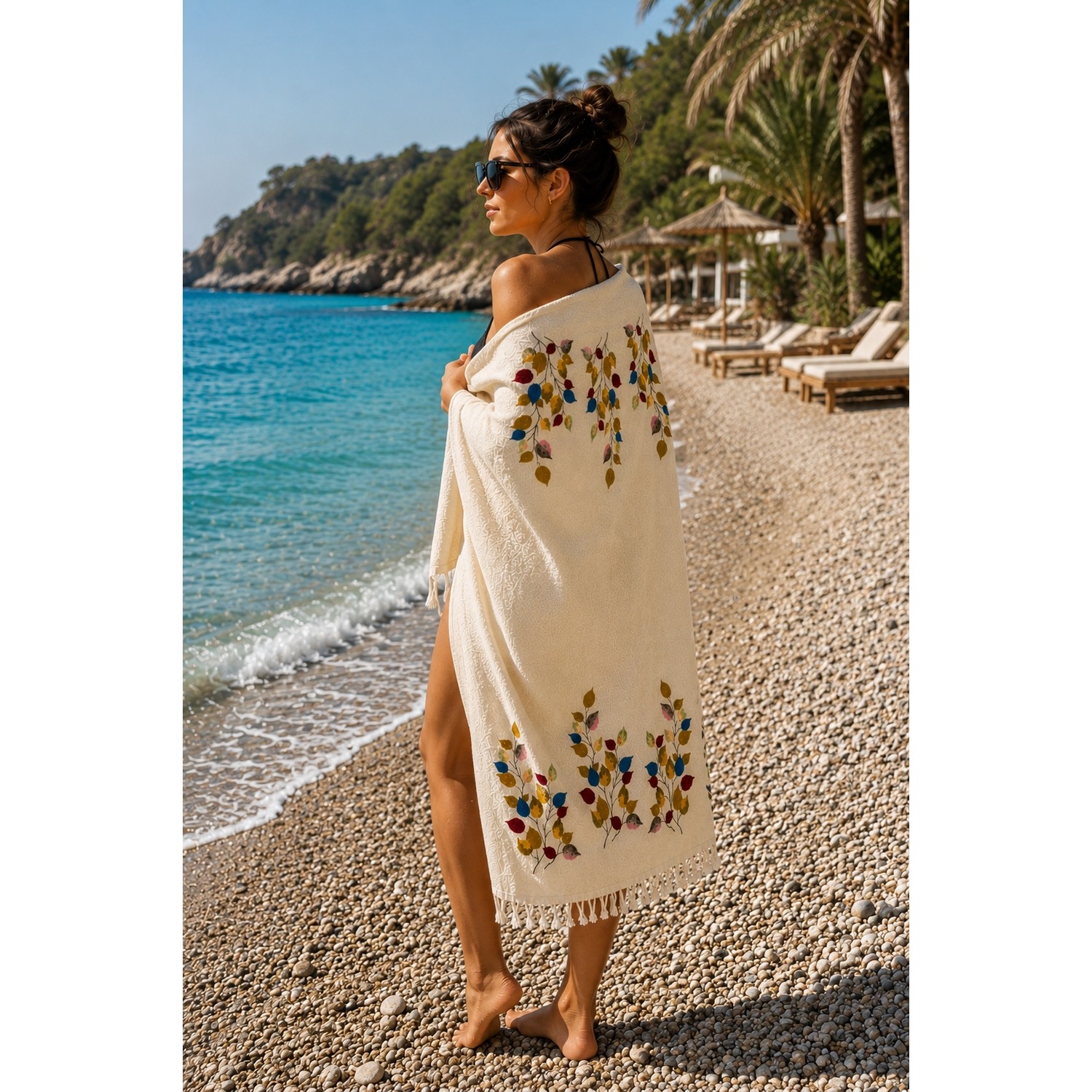 Buldan Natura Hazal Renkli Yaprak Desenli 4 Kat Müslin Peştemal 100×180 cm – 5 cm Saçaklı – Krem 3. görsel