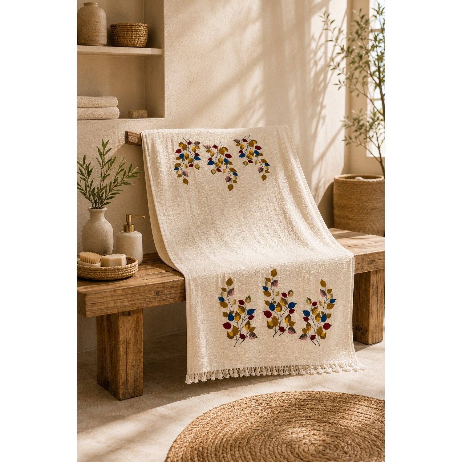 Buldan Natura Hazal Renkli Yaprak Desenli 4 Kat Müslin Peştemal 100×180 cm – 5 cm Saçaklı – Krem 4. görsel