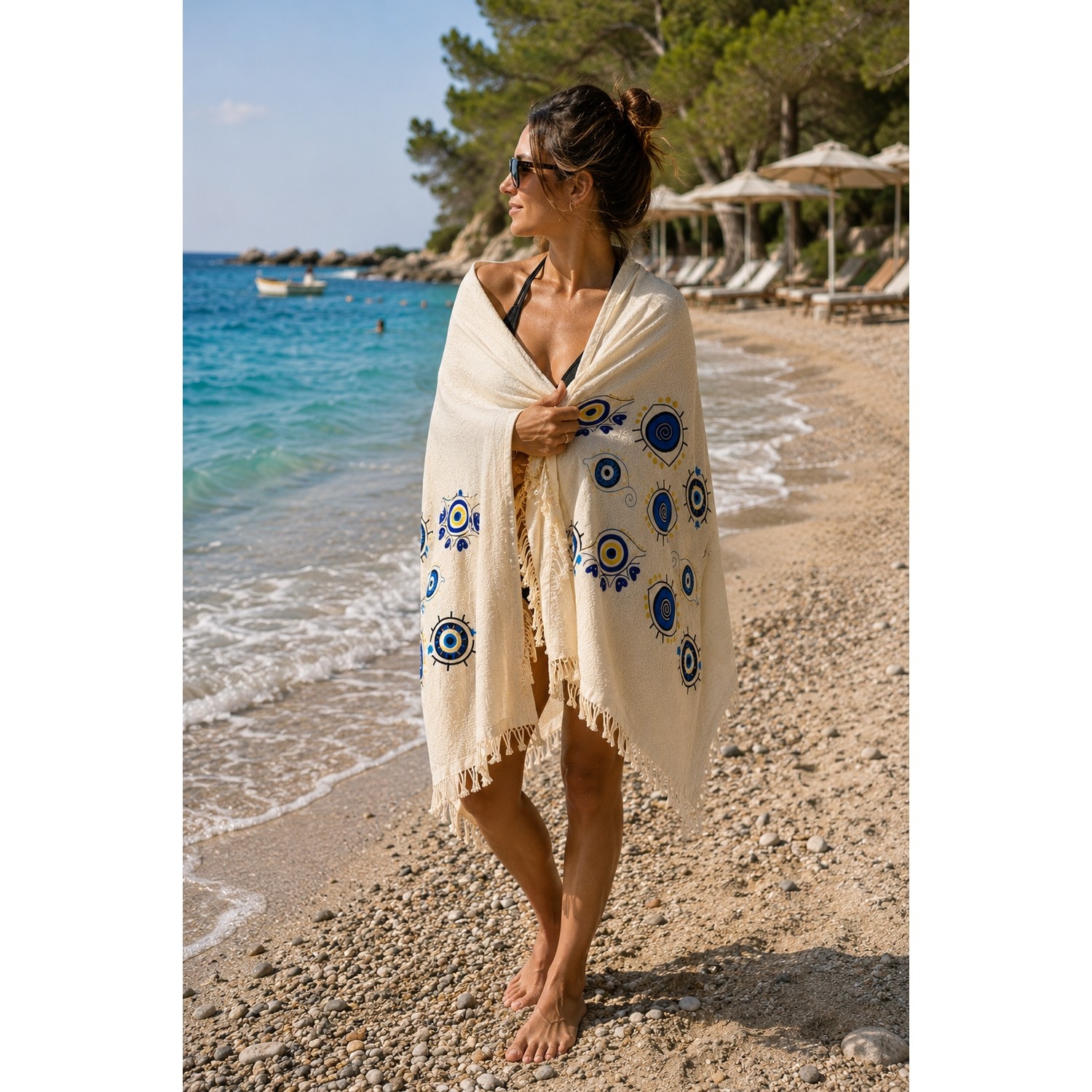 Buldan Natura Mavi Tılsım Nazar Göz Desenli 4 Kat Müslin Peştemal 100×180 cm – 5 cm Saçaklı – Krem