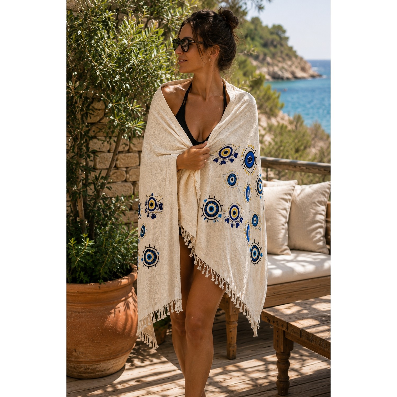 Buldan Natura Mavi Tılsım Nazar Göz Desenli 4 Kat Müslin Peştemal 100×180 cm – 5 cm Saçaklı – Krem 2. görsel