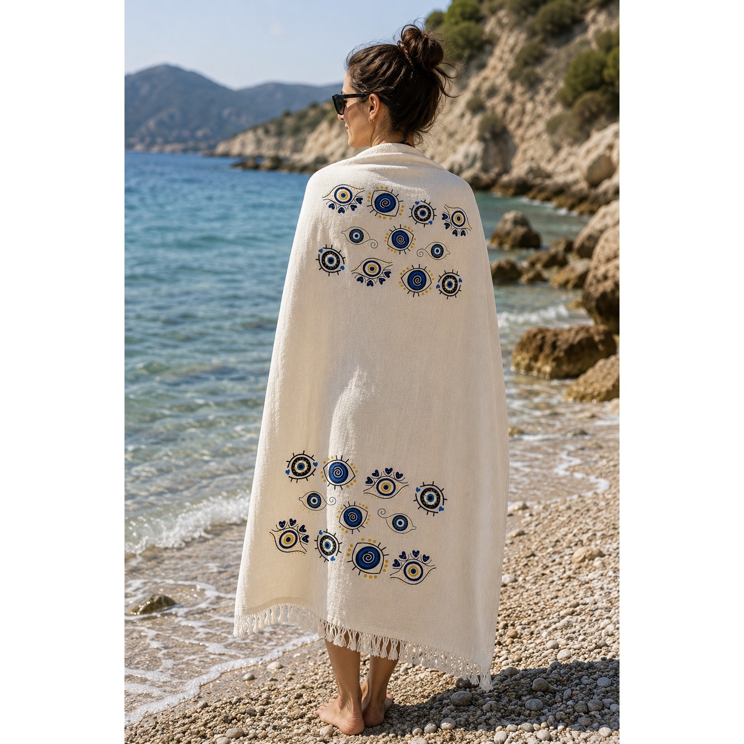 Buldan Natura Mavi Tılsım Nazar Göz Desenli 4 Kat Müslin Peştemal 100×180 cm – 5 cm Saçaklı – Krem 3. görsel