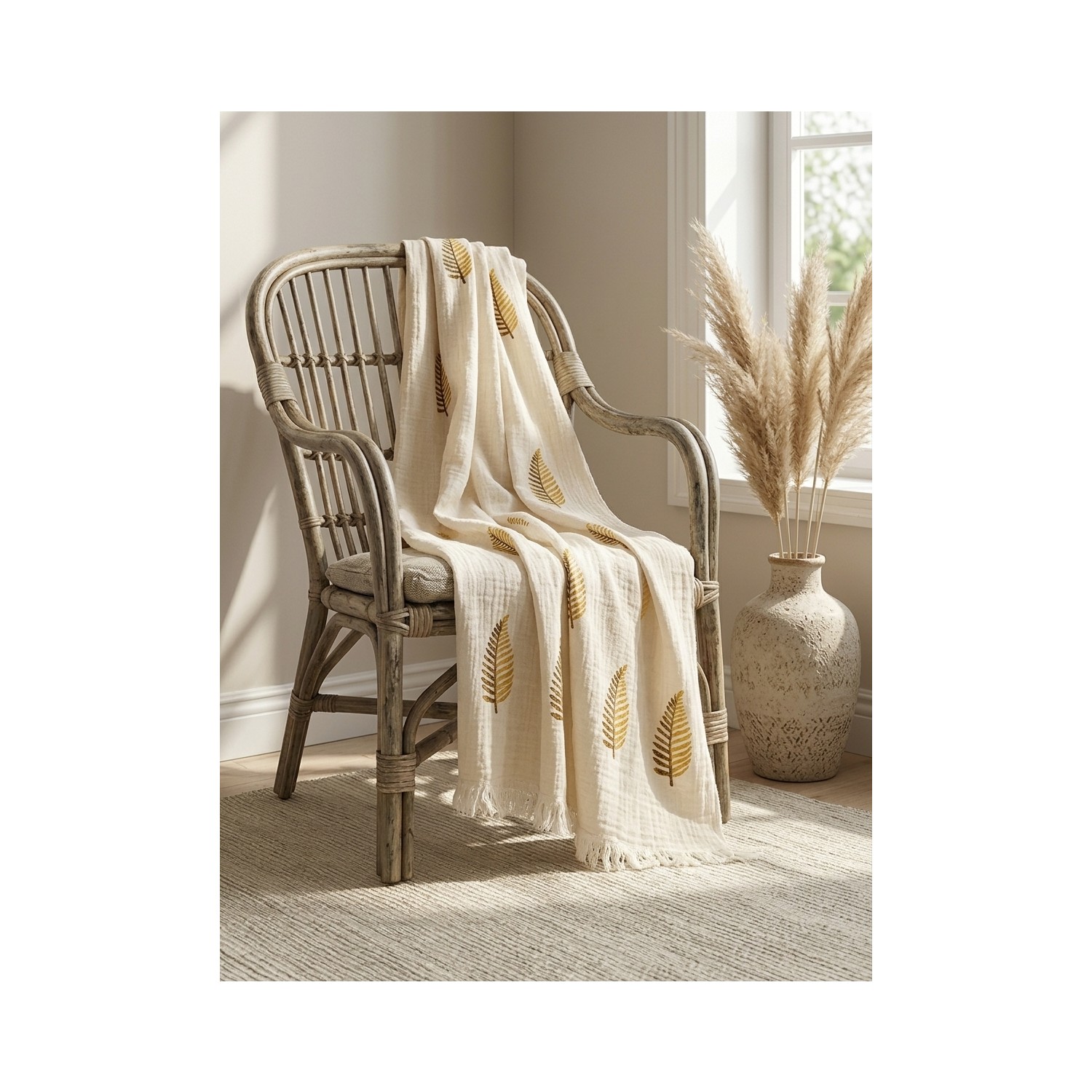 Buldan Natura Altın Yaprak Desenli 4 Kat Müslin Peştemal 100×180 cm – 5 cm Saçaklı – Krem 2. görsel