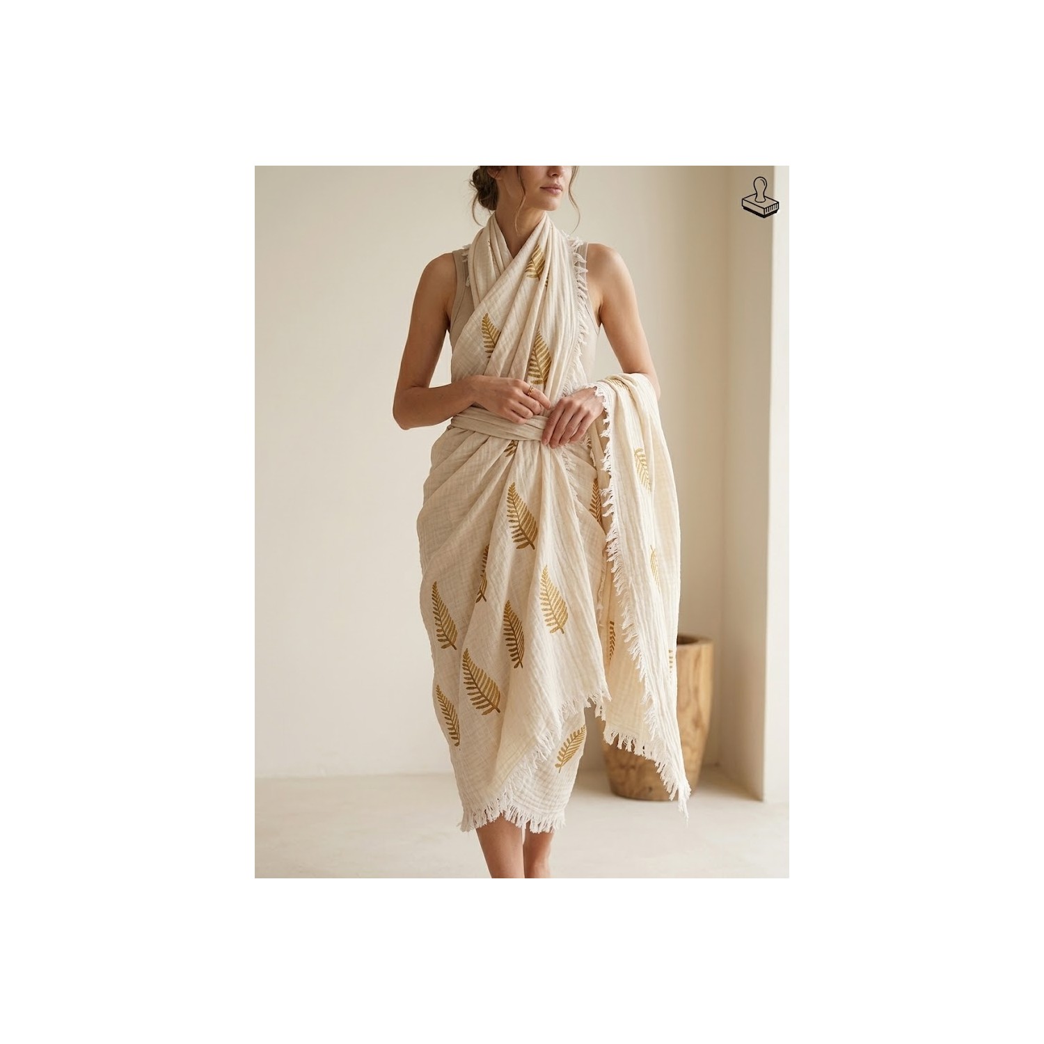 Buldan Natura Altın Yaprak Desenli 4 Kat Müslin Peştemal 100×180 cm – 5 cm Saçaklı – Krem 3. görsel
